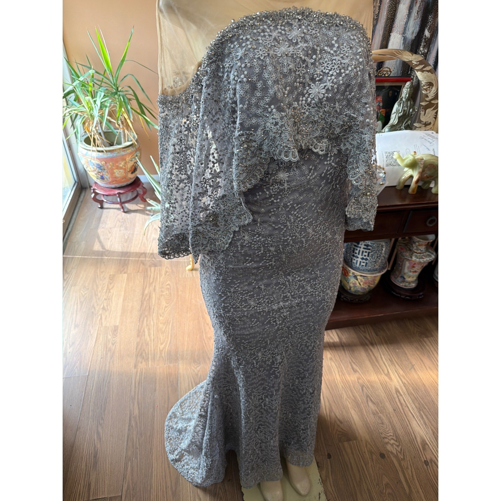 Mac Duggal Pearl Gray Lace Sequin Mermaid Gown 20072 High Neck Dress NWT