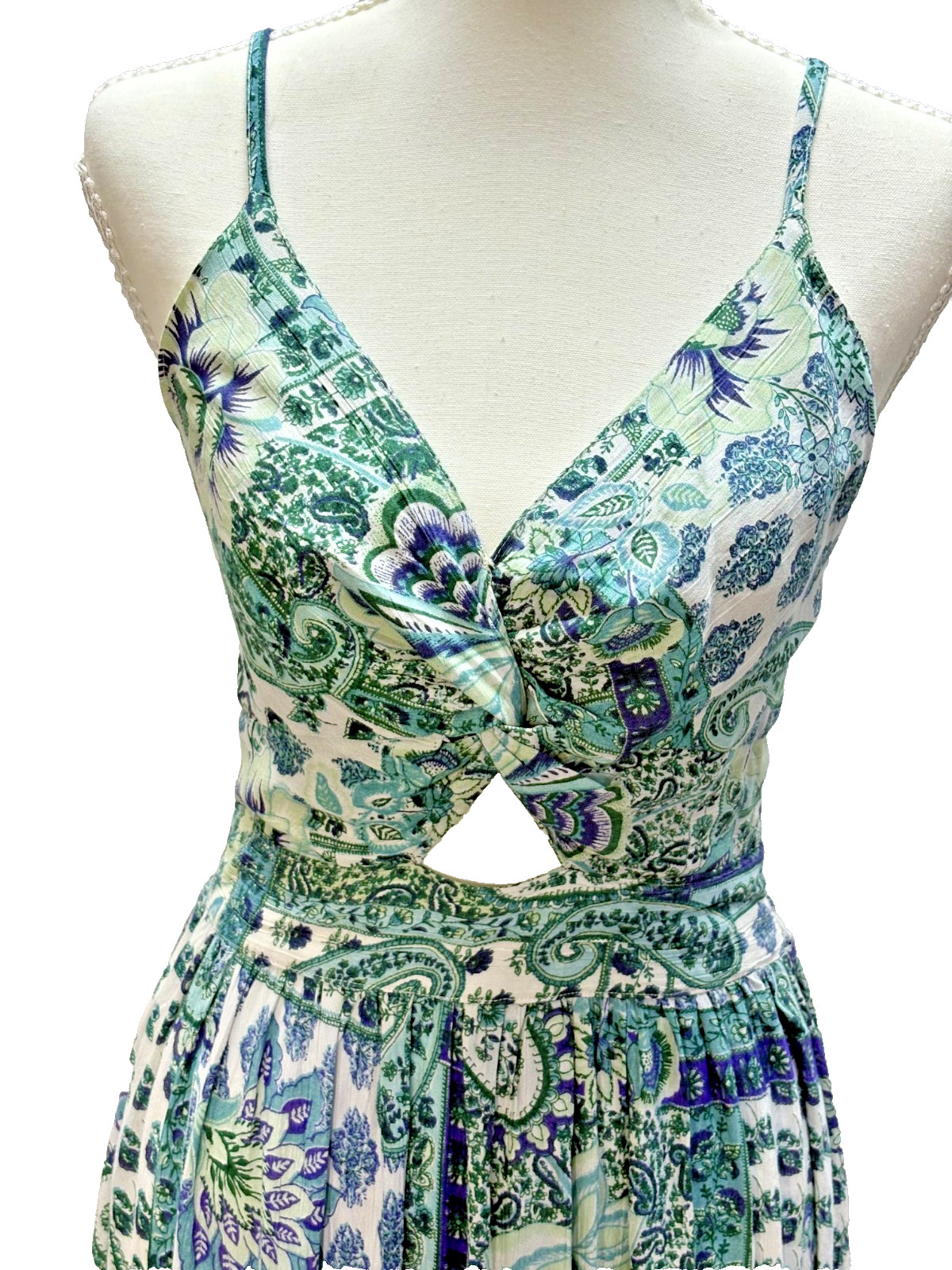 Angie Blue Paisley Patchwork Boho Dress w/ Keyhole Cutout Sz Medium Y2K Cottage