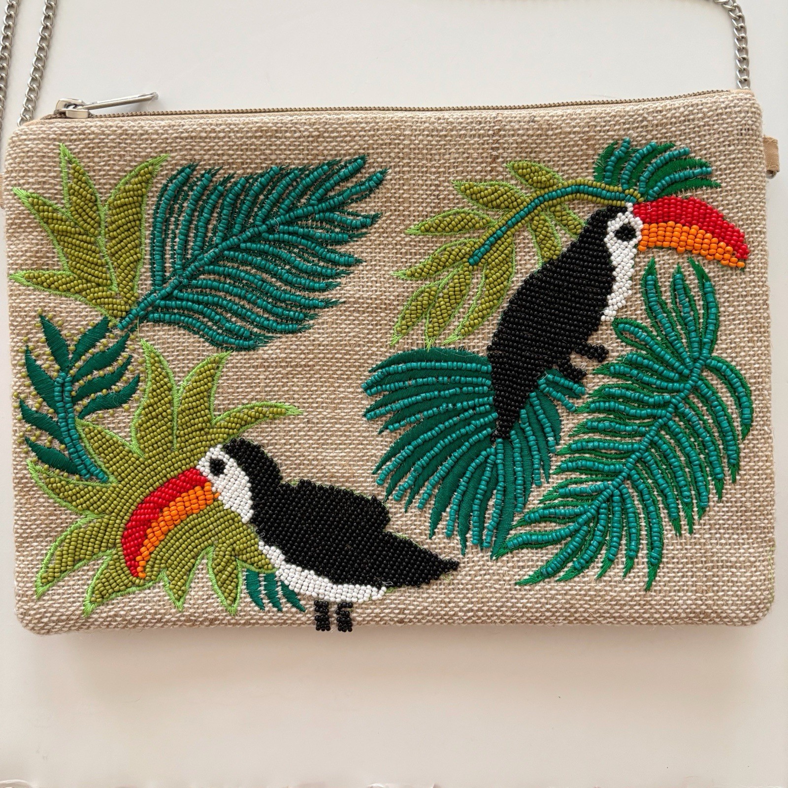 Savvy Beaded Toucan Burlap Clutch Bag 10.25″ X 7.5″ NEW NWT Tropical Summer