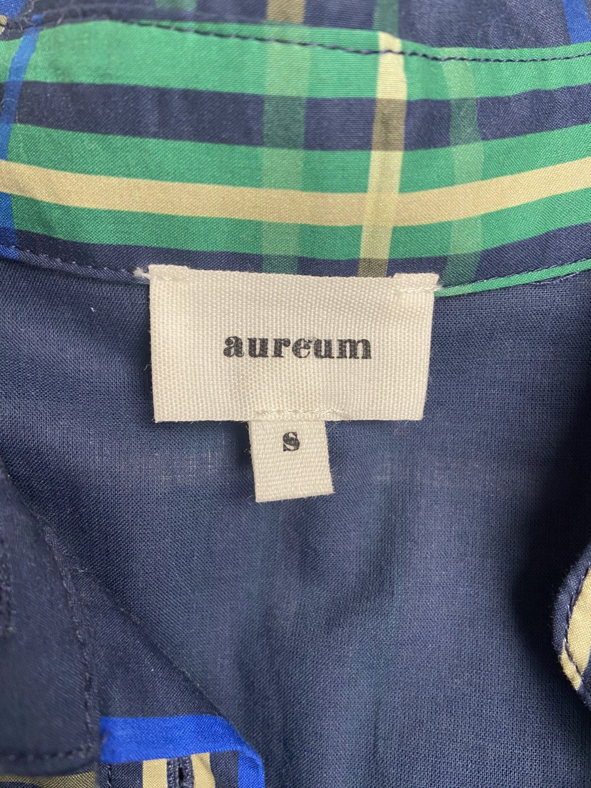 Aureum Short Sleeve Jumpsuit Bethany Blue Green Plaid Pleated Waist Cropped S