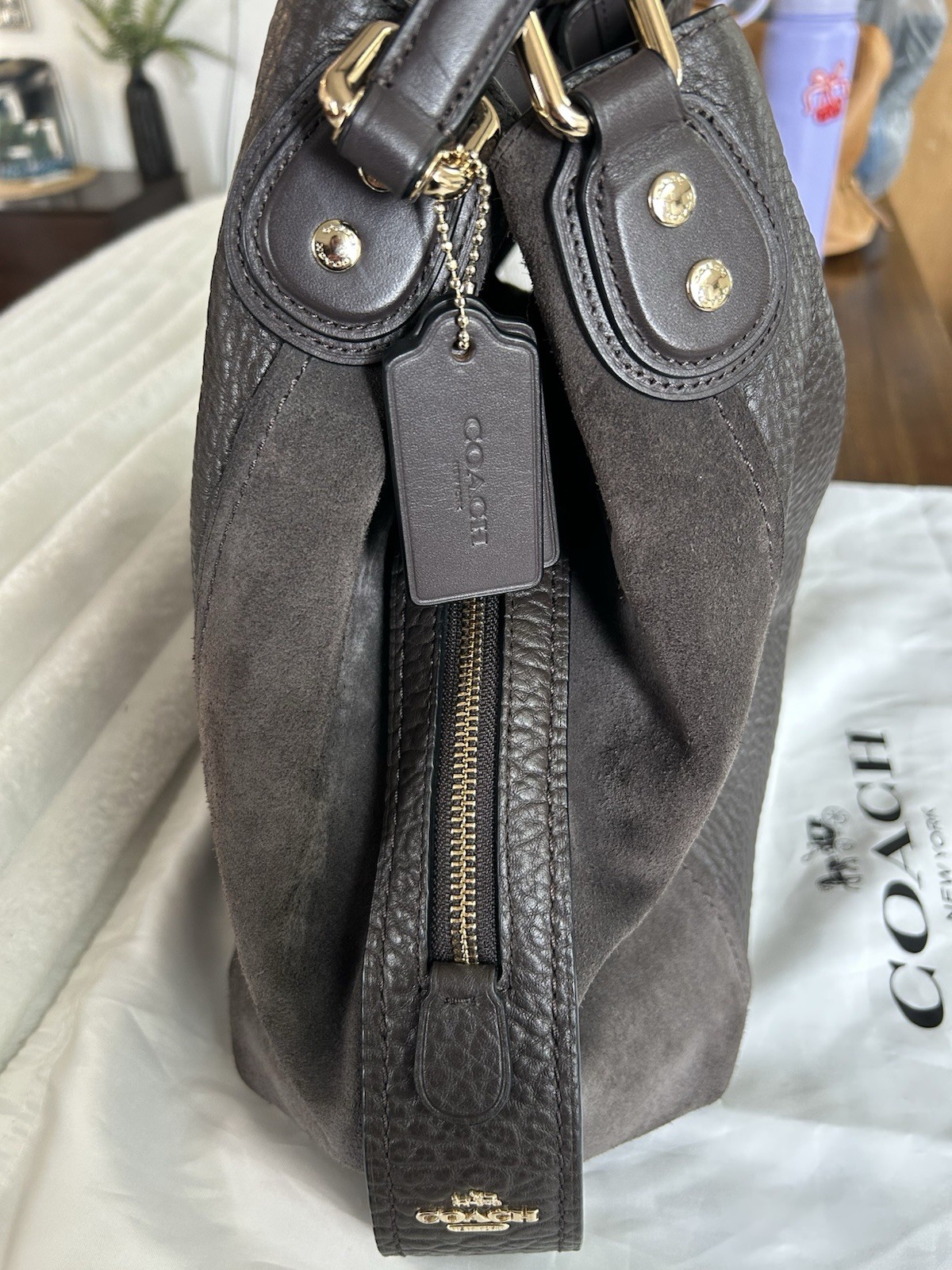 Coach Gray Pebbled Large Shoulder Bag Zip Top, Black Strap, Gold Hardware