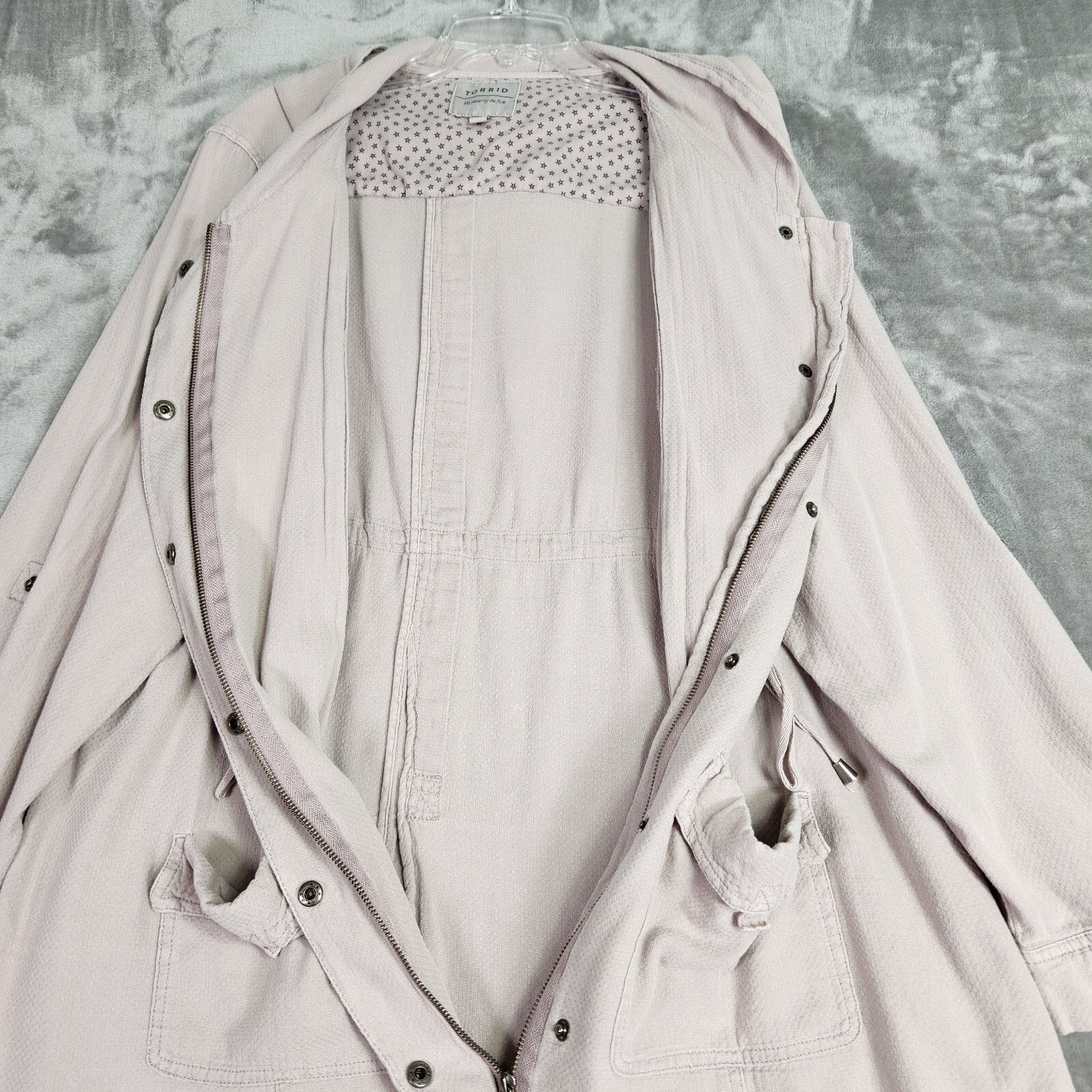 Torrid Jacket Womens 1X Pink Full Zip Snap Hooded Textured Twill Anarak Utility