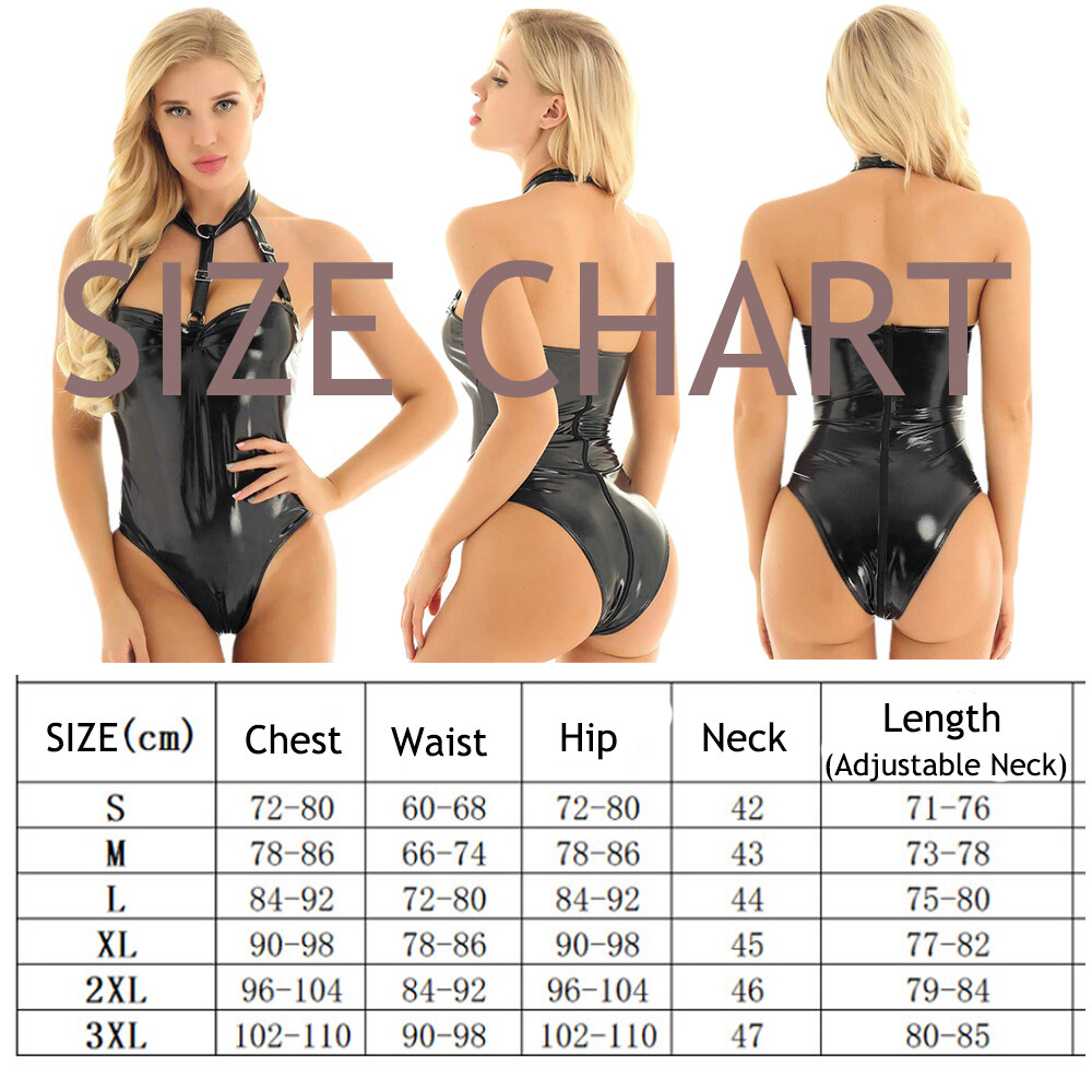 Women Sexy Lingerie PVC Wet Look Babydoll Faux Leather Zipper Crotch Teddy S-3XL