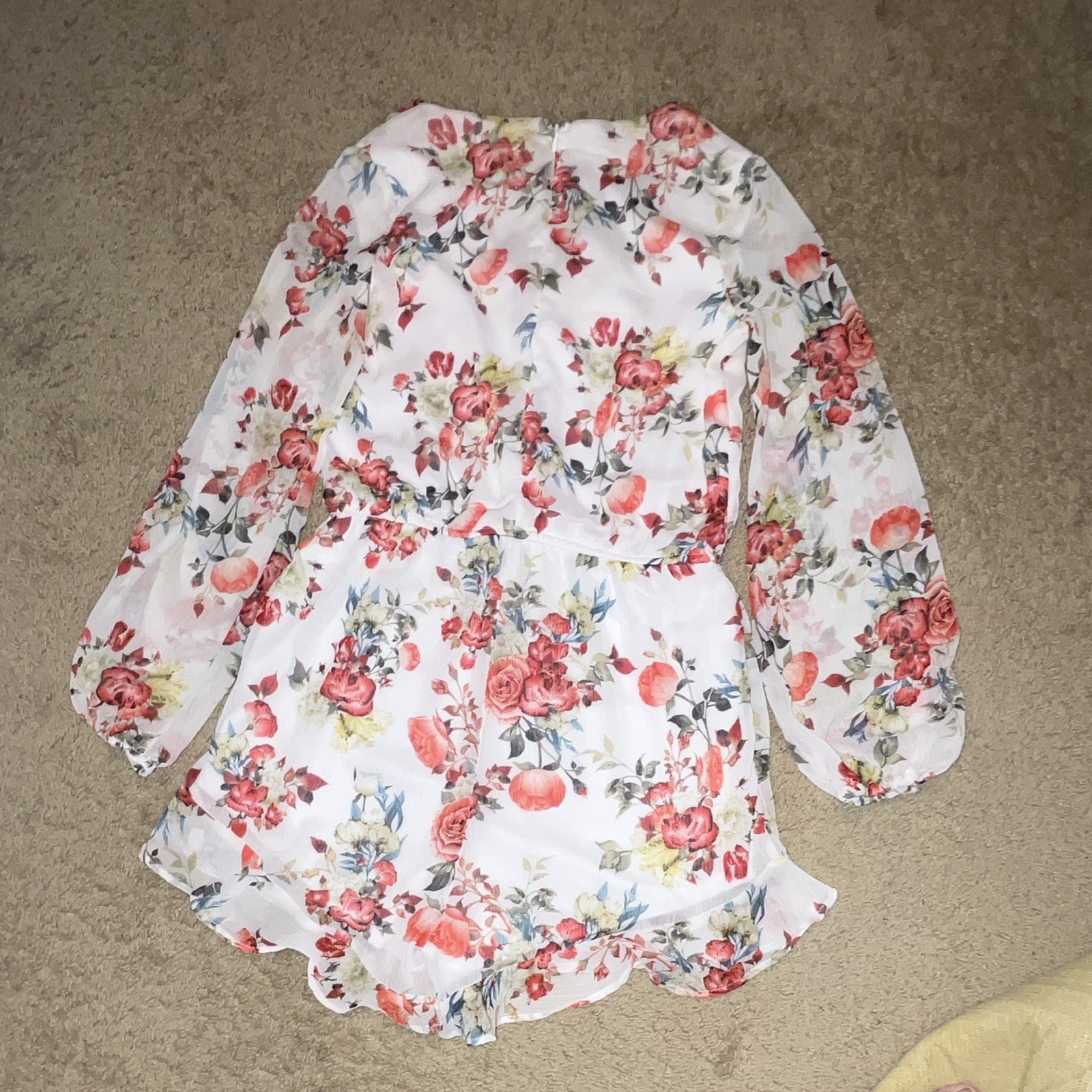 Beauty and the Beast Floral V-Neck Long Sleeve Ruffle Romper White S