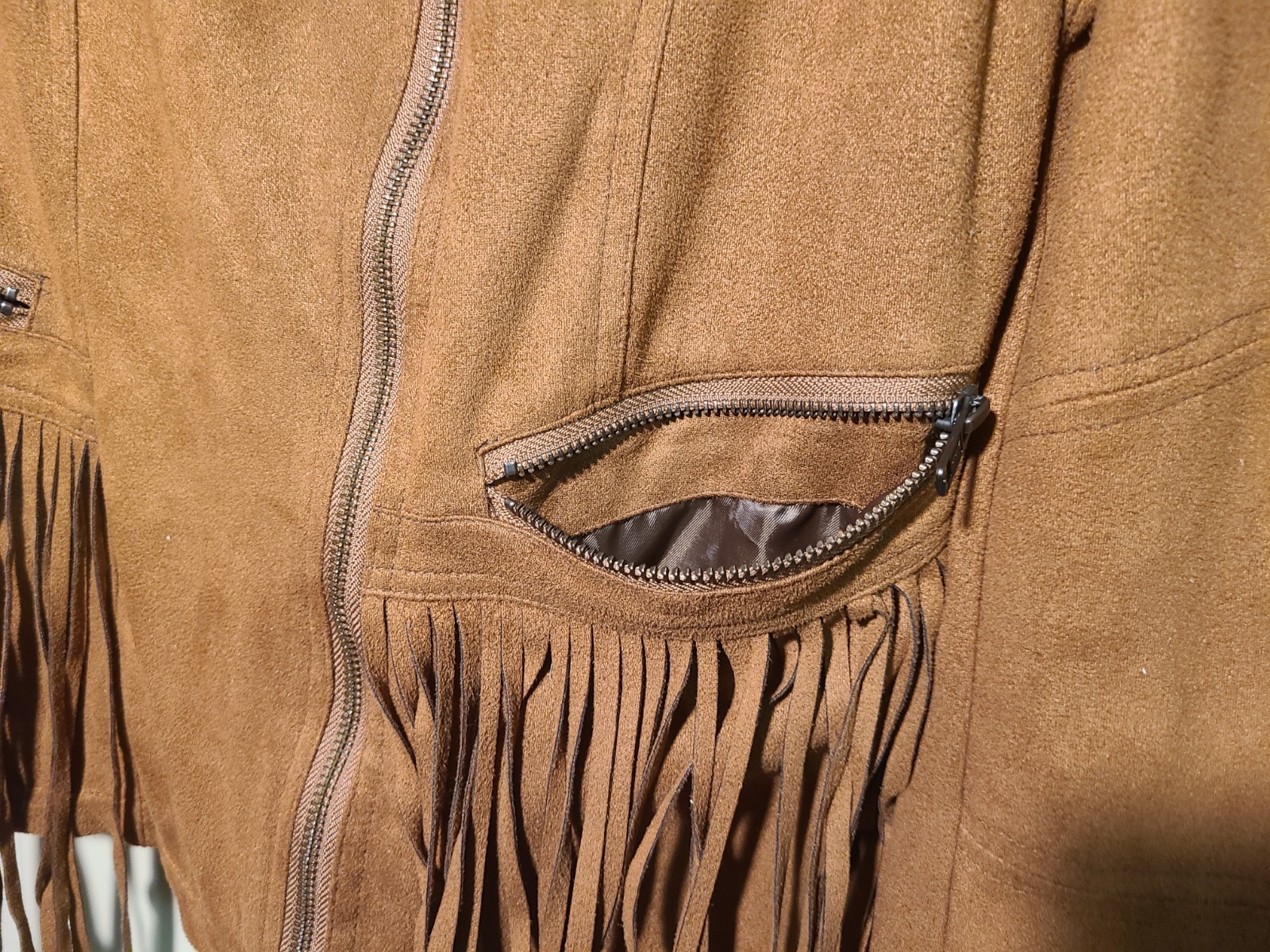 Womens Cripple Creek Genuine Suede Leather Zip Jacket With Fringe Front And Back
