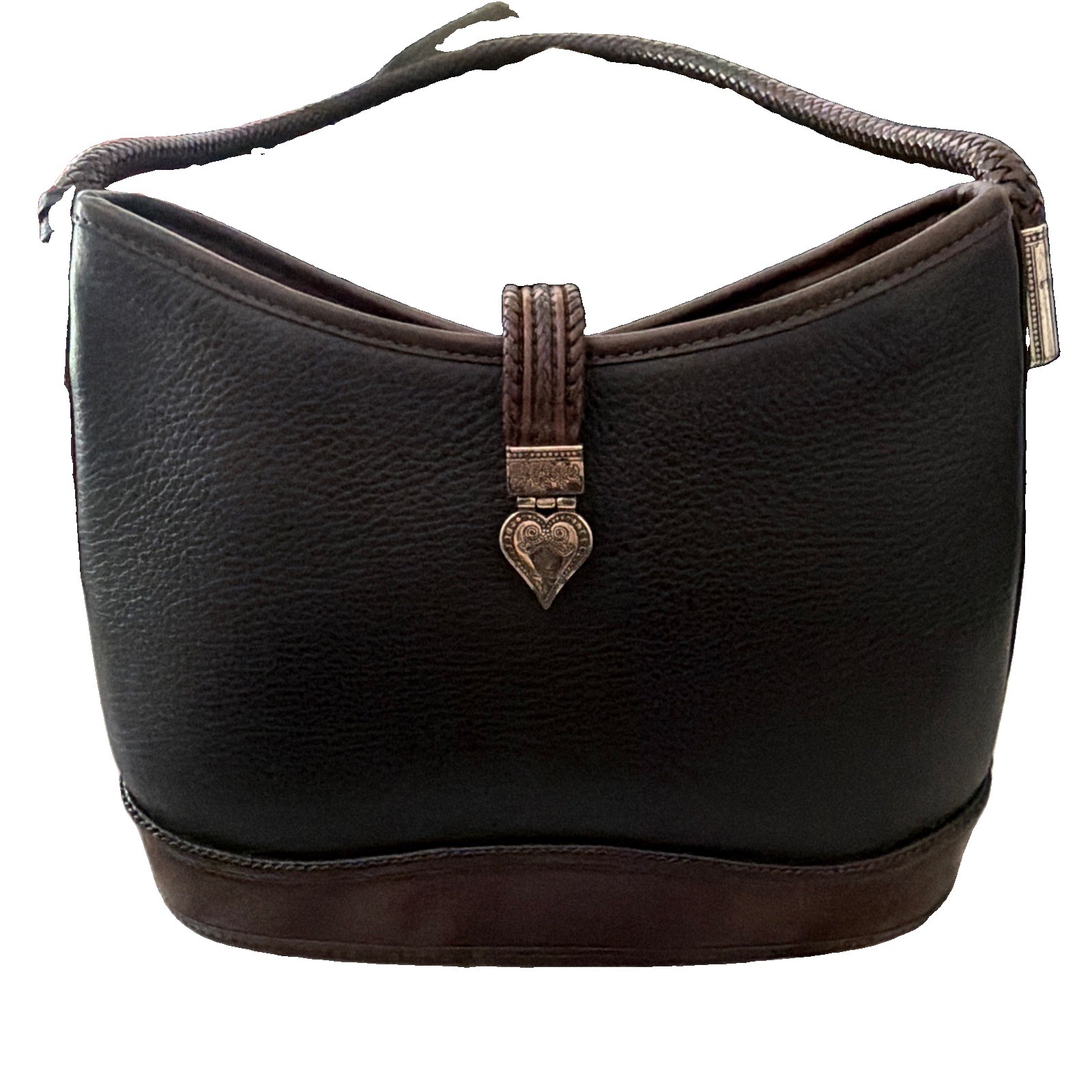 Vintage Brighton Black Brown Leather Shoulder Bag Braided Strap Heart Charm