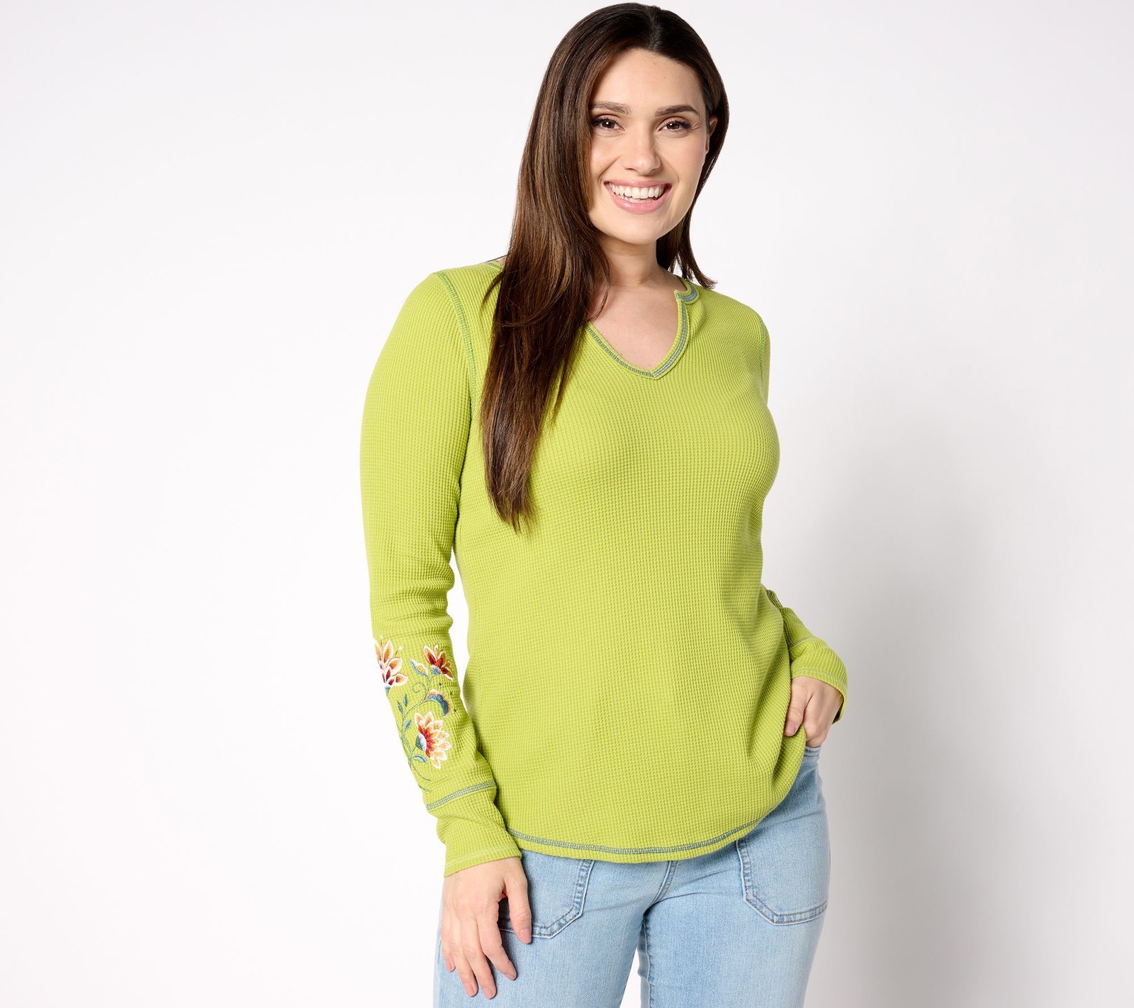 Belle by Kim Gravel Women’s Top Sz S Baby Waffle Folk Fusion Green A655028