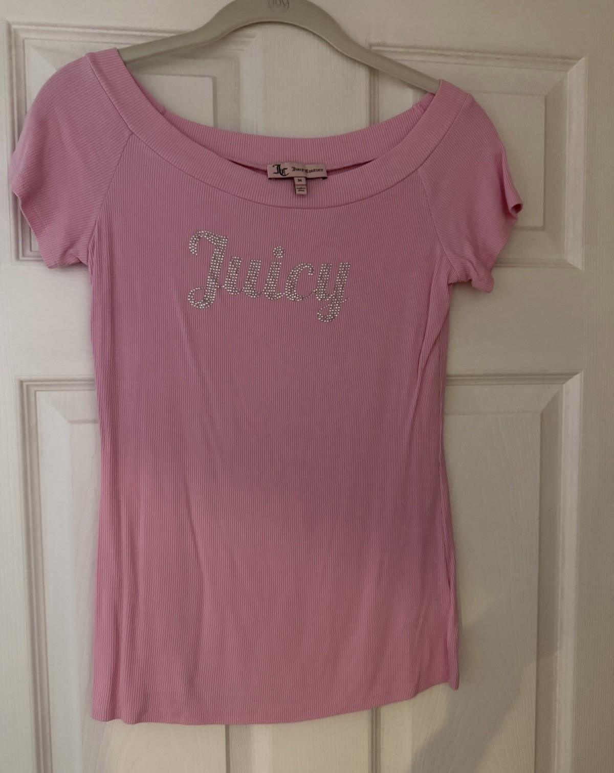 Juicy Couture Women’s Pink Ribbed Cotton Rhinestone Logo Scoop Neck Tee M