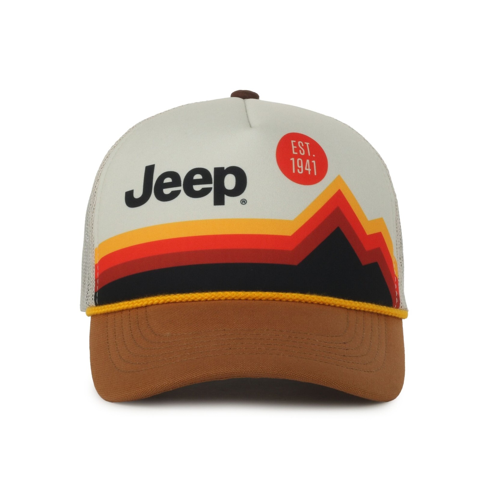 Jeep Retro White Mountain Graphic Trucker Hat Putty Pre-Curved Visor, Mesh Back