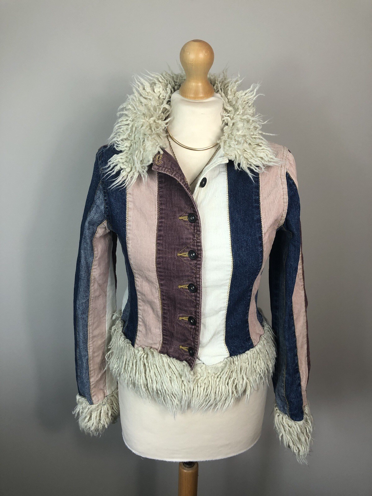 Miss Posh Denim Cord Striped short Penny Lane Afghan coat Jacket Size 8