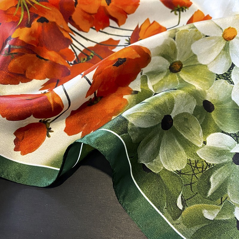 100% Silk Mulberry 27″ Square Scarf Women Vintage Neckerchief Wrap Orange Flower