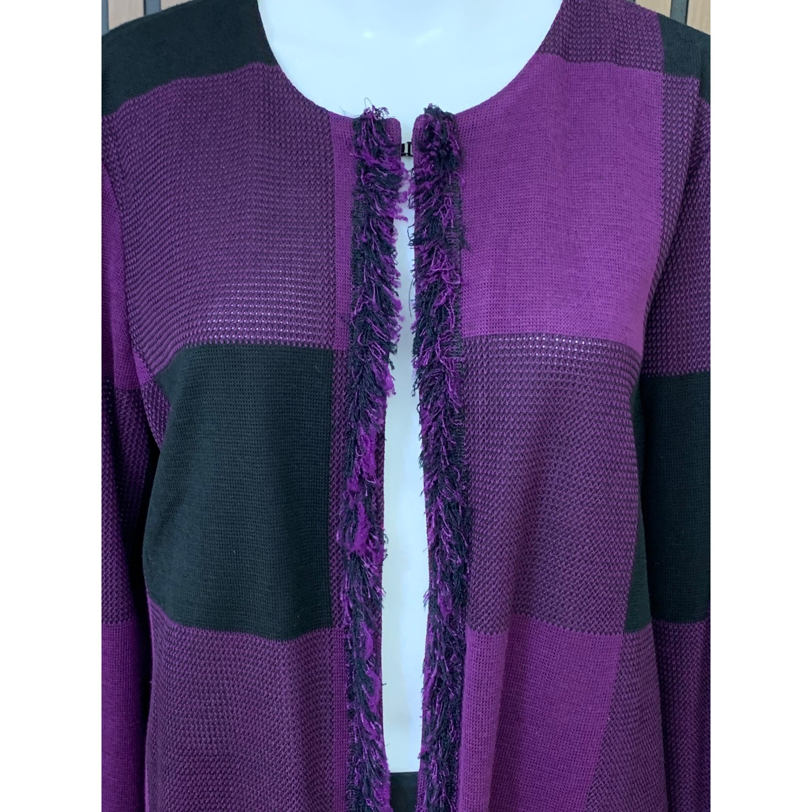 Ming Wang Purple Black Buffalo Check Knit Cardigan Jacket Fringe Trim XL