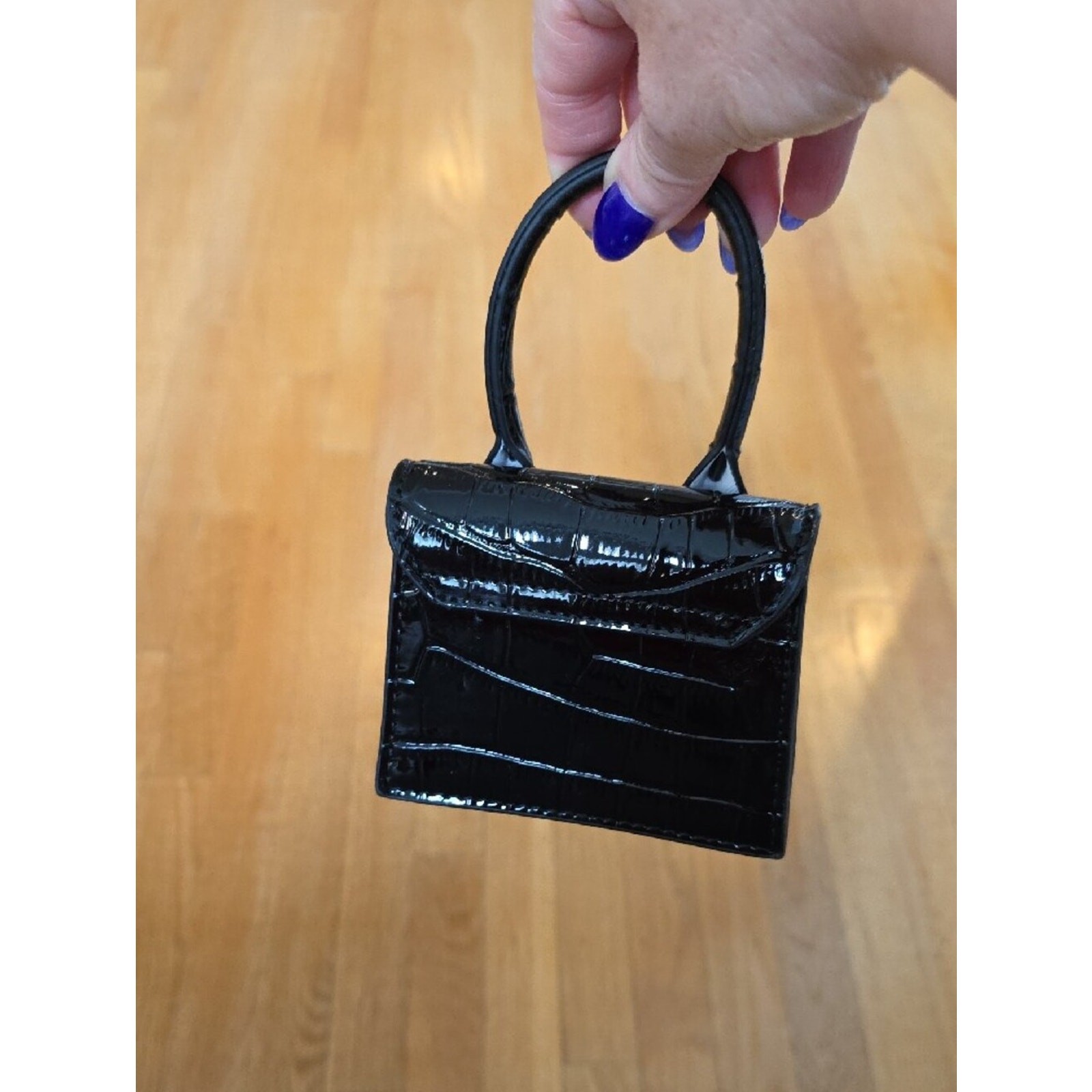NWOT Black Croc-Embossed Patent Top-Handle Mini Bag