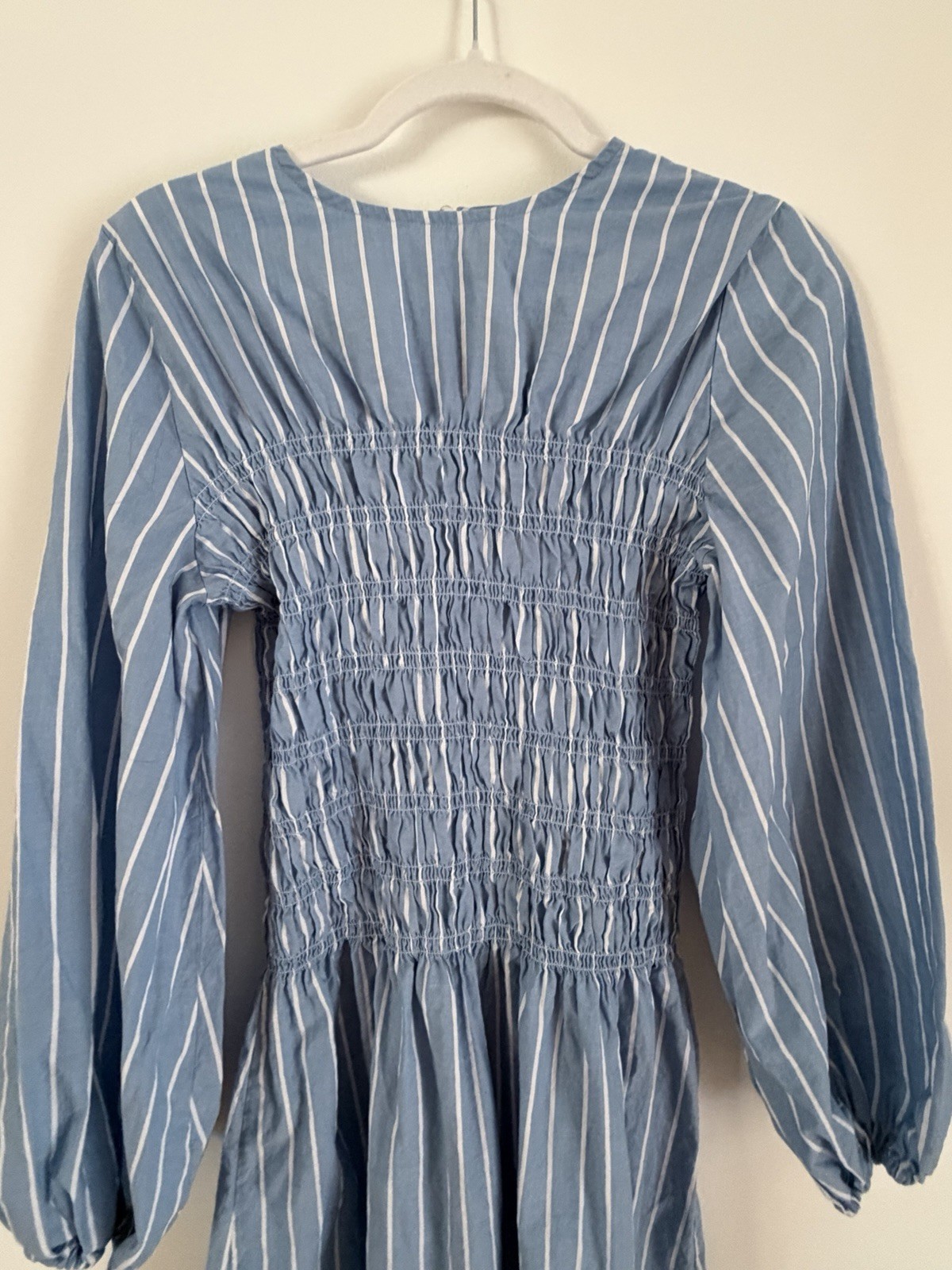 NA-KD x Rita Montezuma Cotton Smocked Detail Midi Dress in Blue Stripe