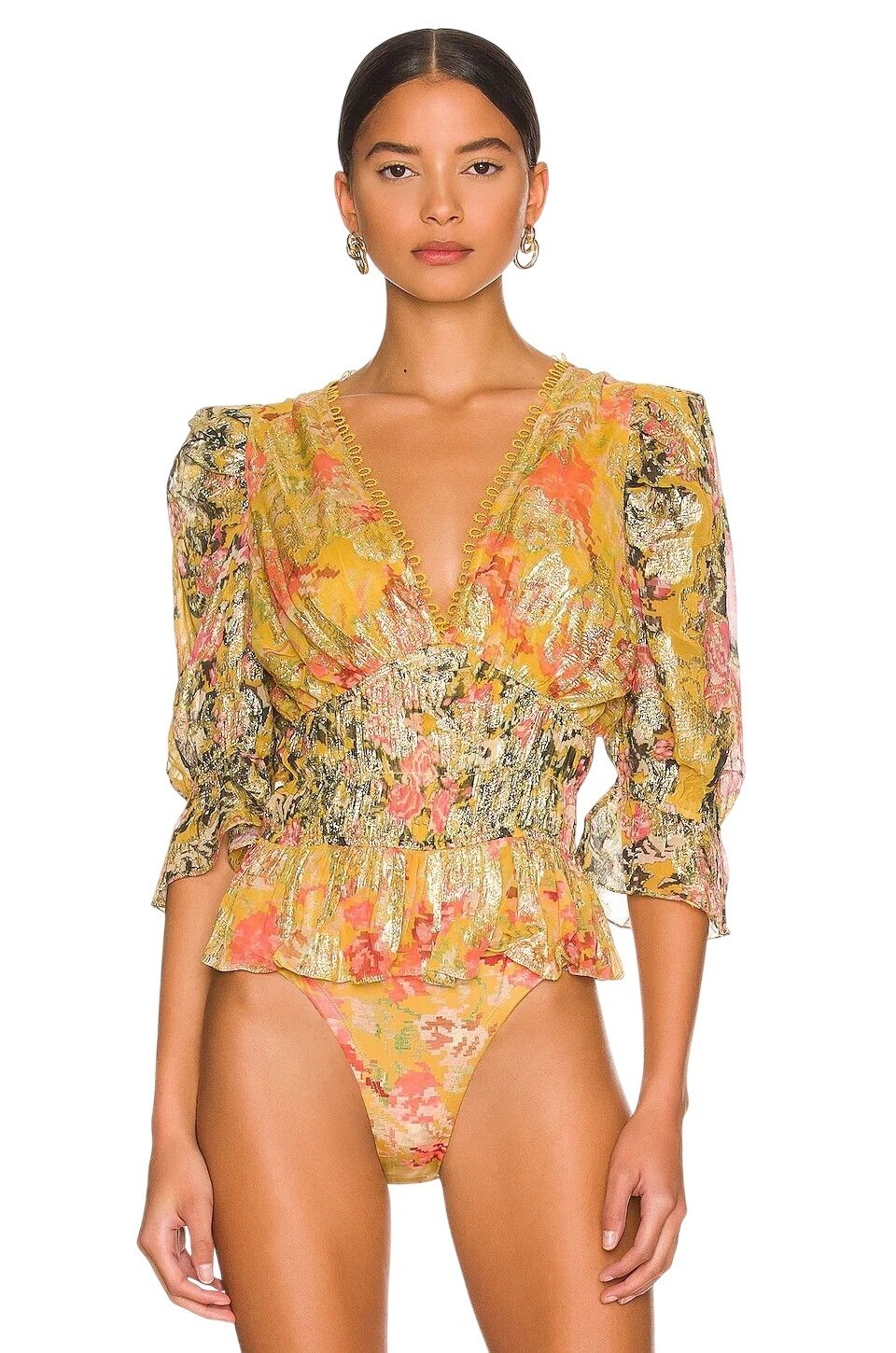 HEMANT AND NANDITA Nova Bodysuit in Mustard Multi X-Small New Womens Blouse Top