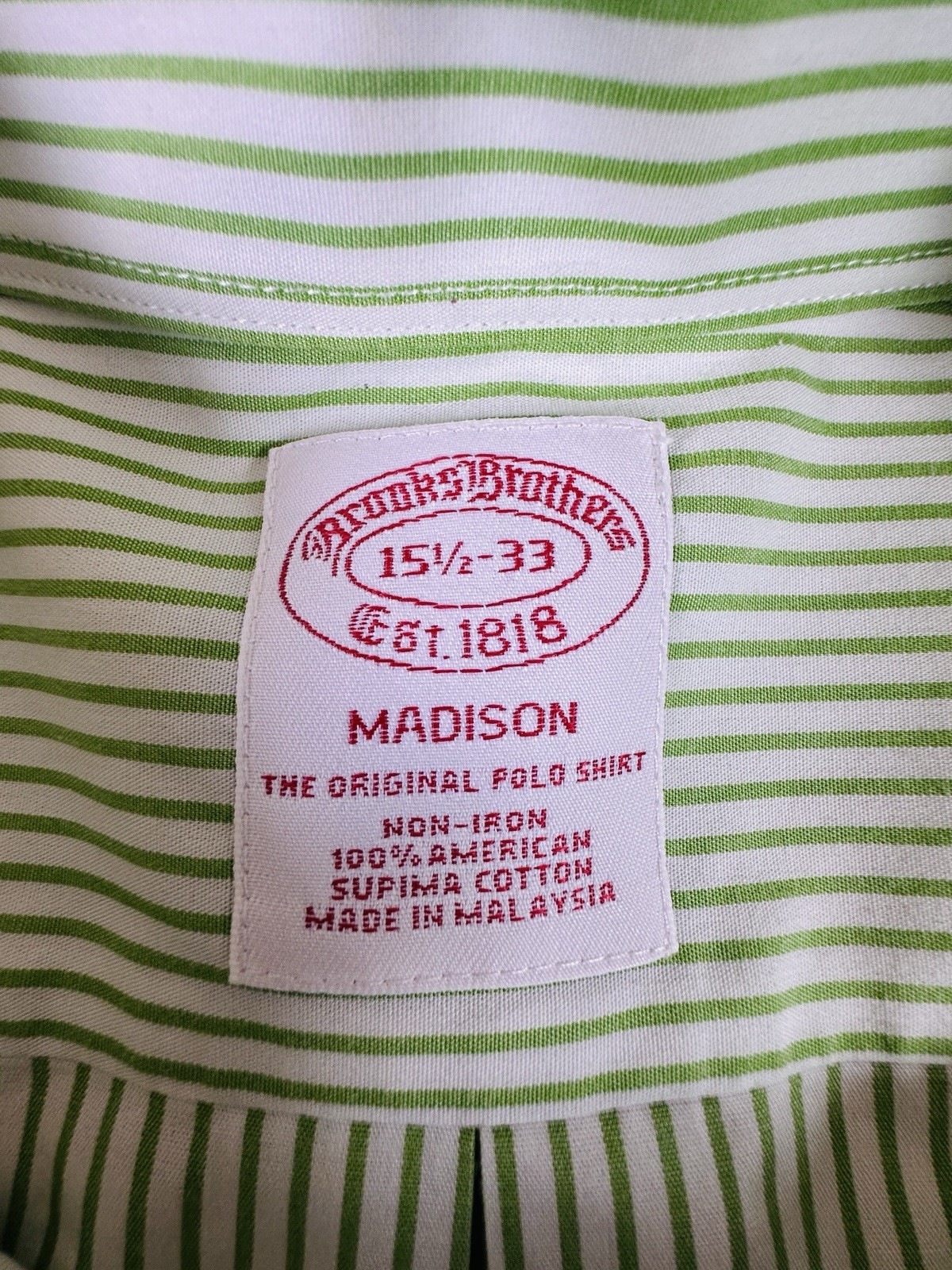 Brooks Brothers Madison Men Shirt Button Down Shirt Green Striped MED 15-1/2 33