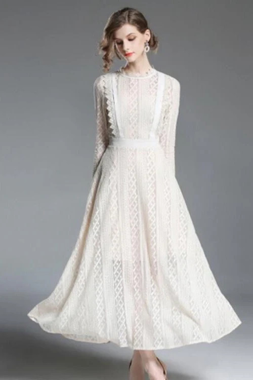 Ivory Lace Fit and Flare Maxi Dress With Crochet Detail