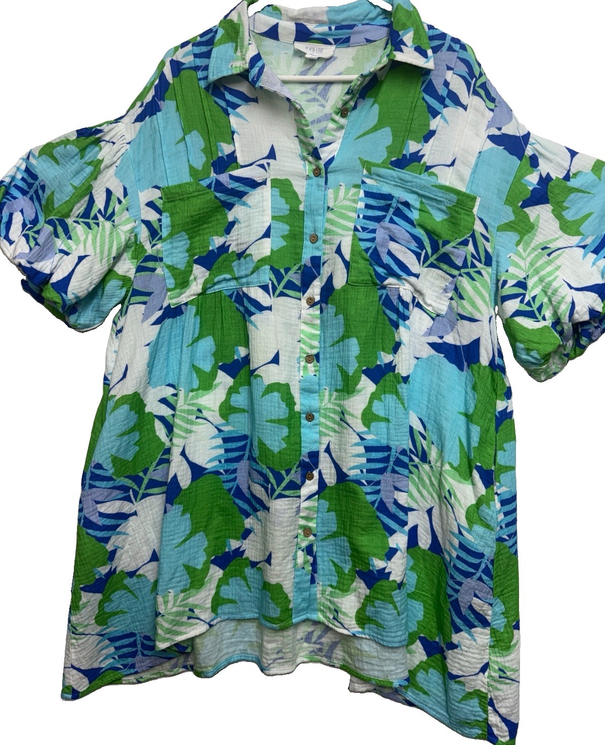 ~Size M~ PEACH LOVE CALIFORNIA Teal/Blue FLORAL Woven Button Up A-LINE Tunic Top