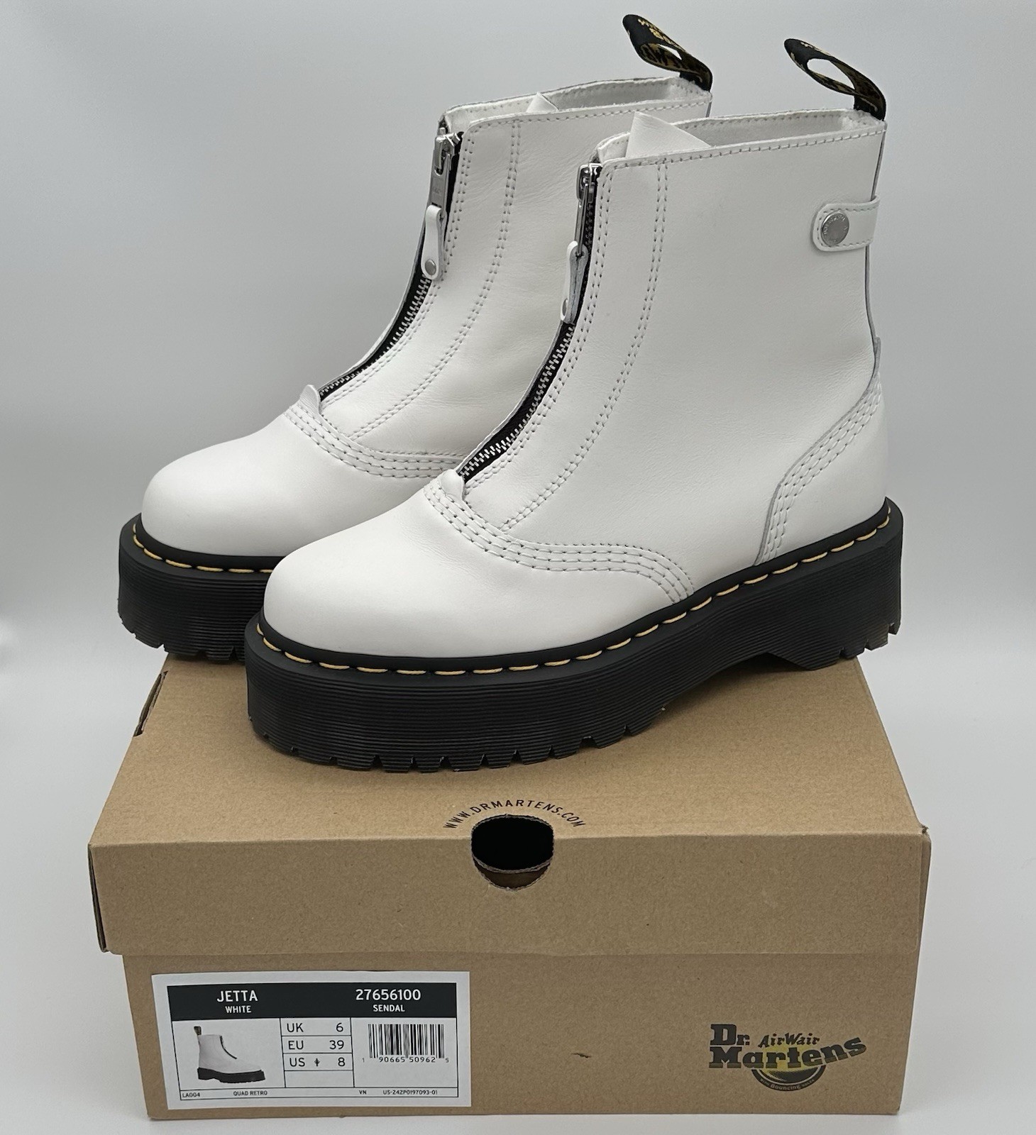 Dr. Martens Jetta Sendal White Zip Front Leather Boots Women’s US8 EU39 UK6
