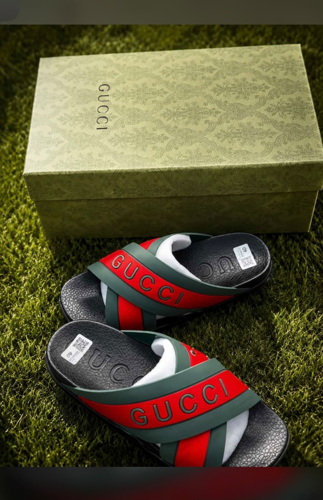 Gucci Logo Web Stripe Slide Sandals – Men’s Size US 8.5, Black Red/Green
