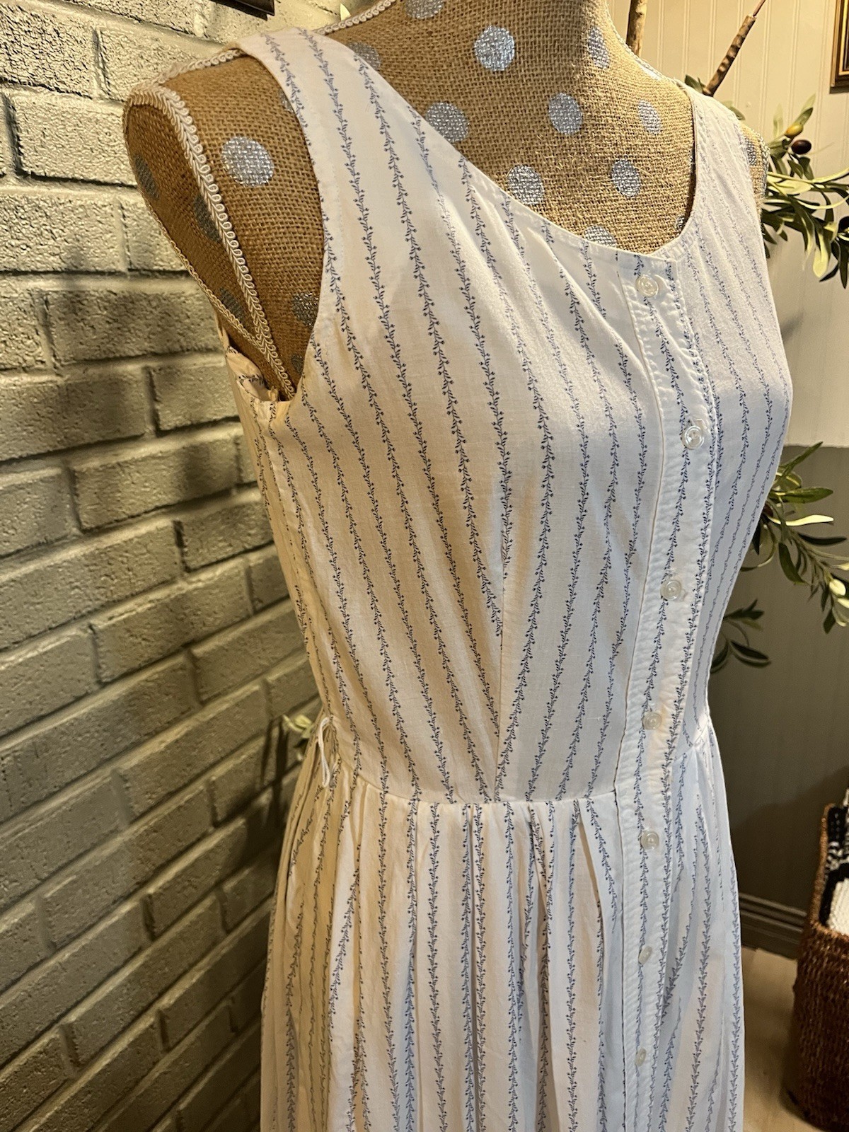 Vintage J.Crew 100% Cotton Blue & White Floral Stripe Button Front Midi Dress–10