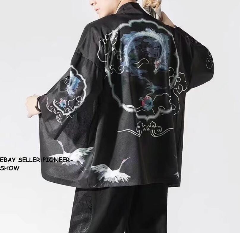 Retro Men Chinese Japanese Oriental Kimono Dragon Top Casual Shirt Hanfu Hip hop