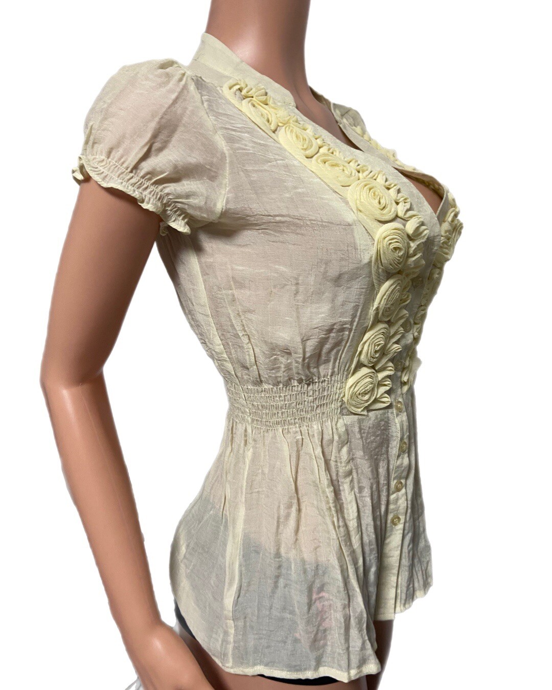 Burn out Yellow Flower Ruffle Button up blouse Top Fairycore Cottage Core Y2K