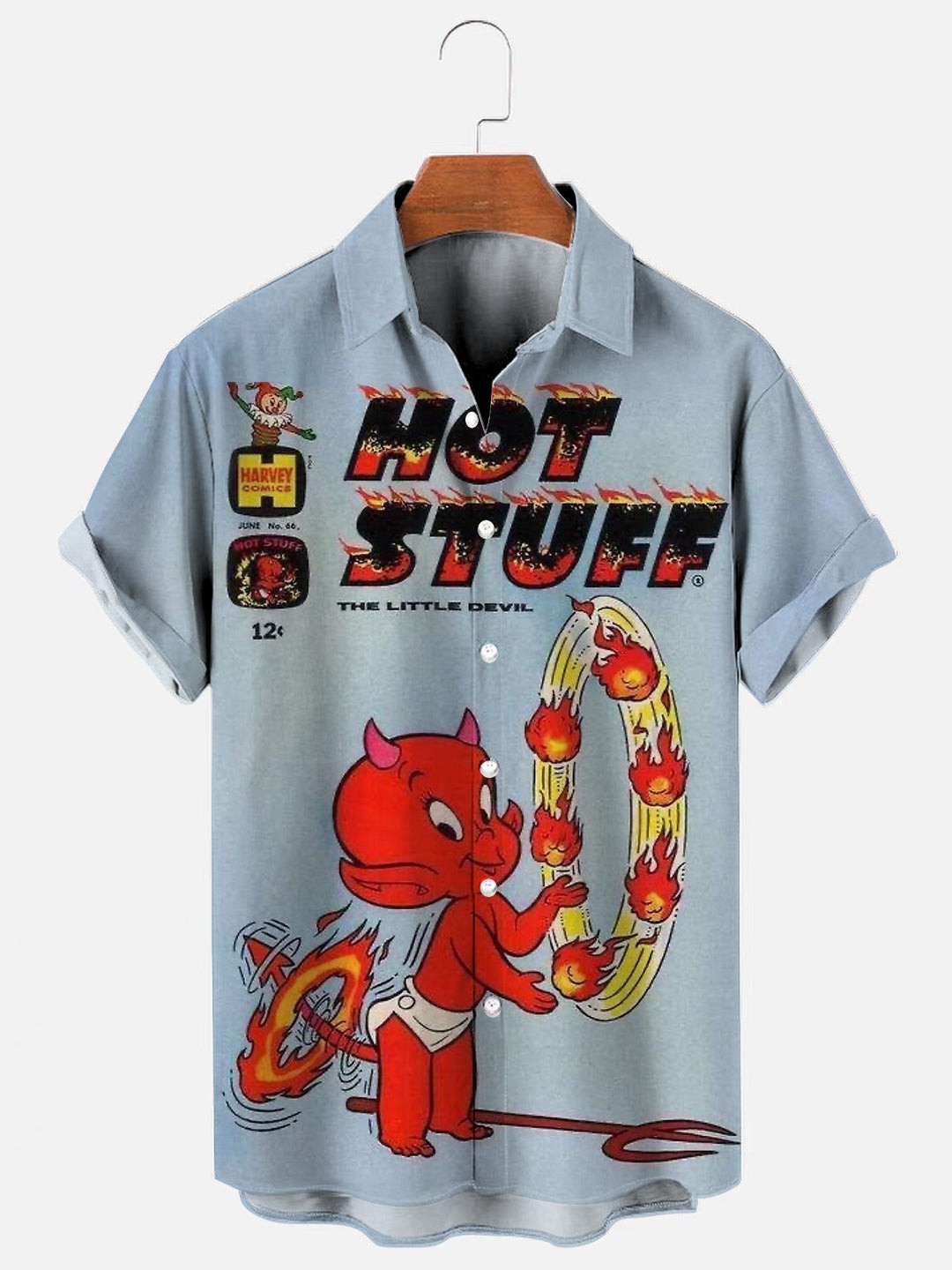 Mens Retro Little Devil Cartoon Print Hawaiian Short Sleeve Shirt
