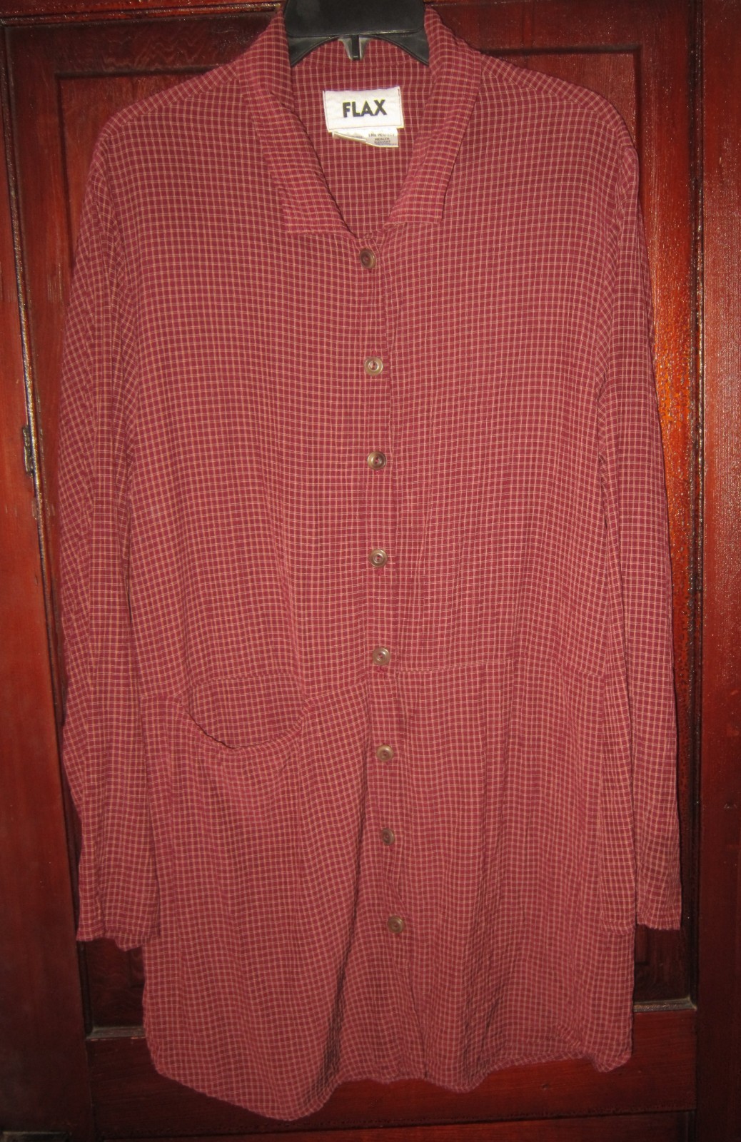 FLAX Sz S Sufficient Shirt Tunic Top Blouse Button Plaid Pocket Long Berry Crepe