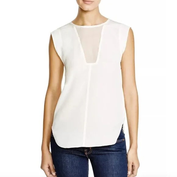 Rebecca Taylor Charlie Sheer Panel 100% Silk Top Blouse Ivory Sz 2 NWOT B23