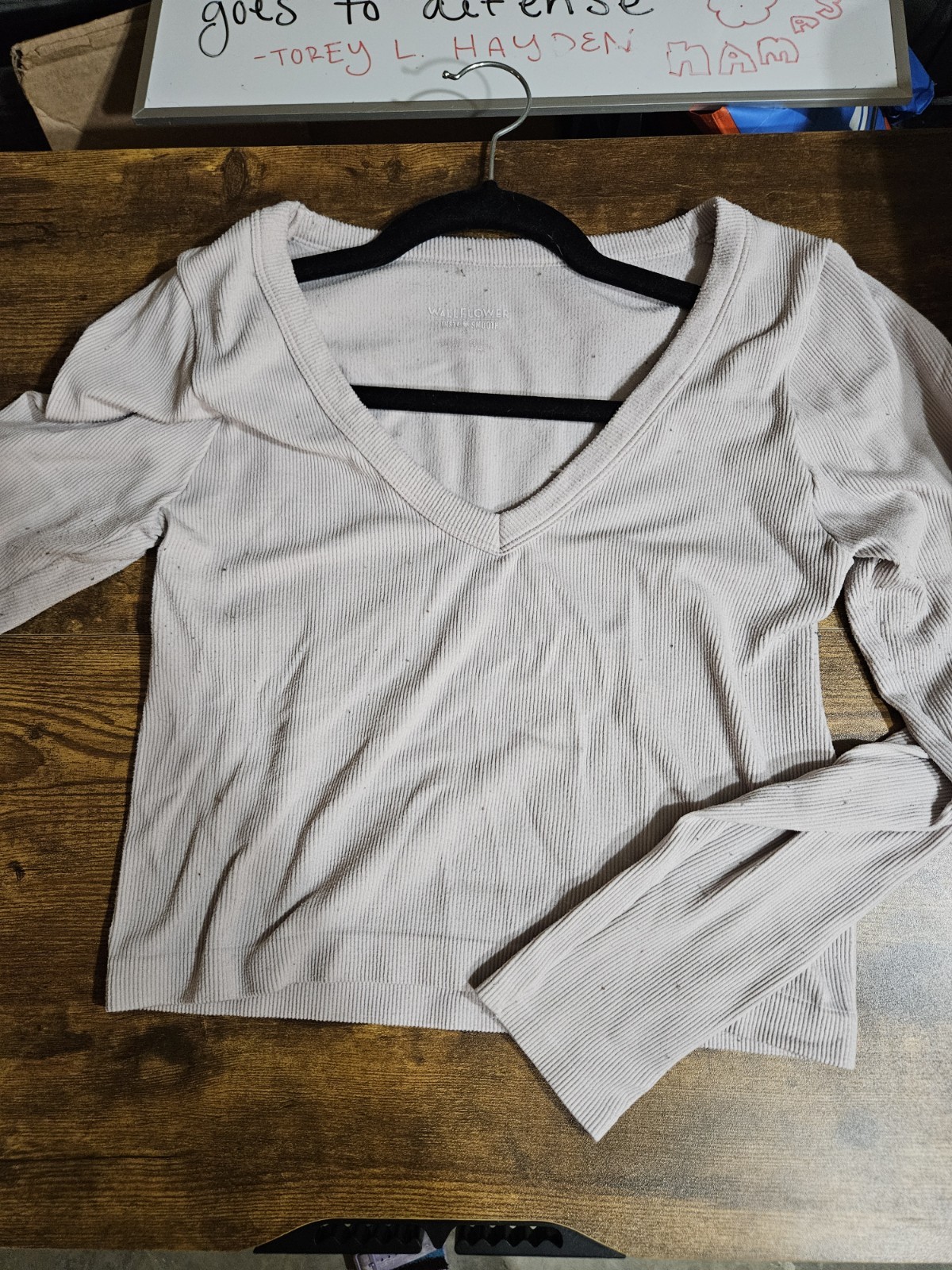 Wallflower Women’s Light Pink Solid V-Neck Long Sleeve Stretch Knit crop top, XL