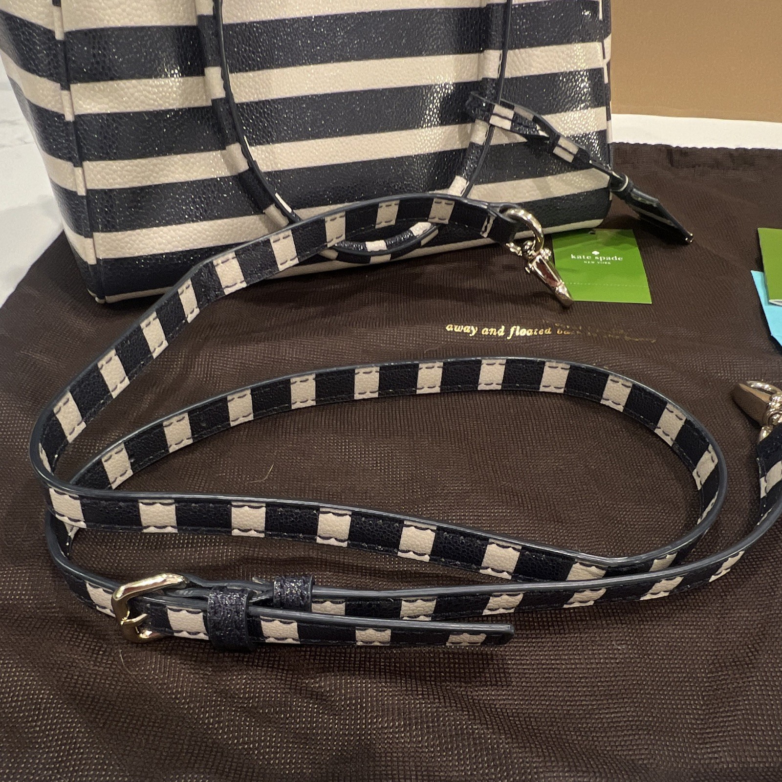 kate spade new york Black/Pebble Striped Satchel Zip, Detachable Strap, Dust Bag
