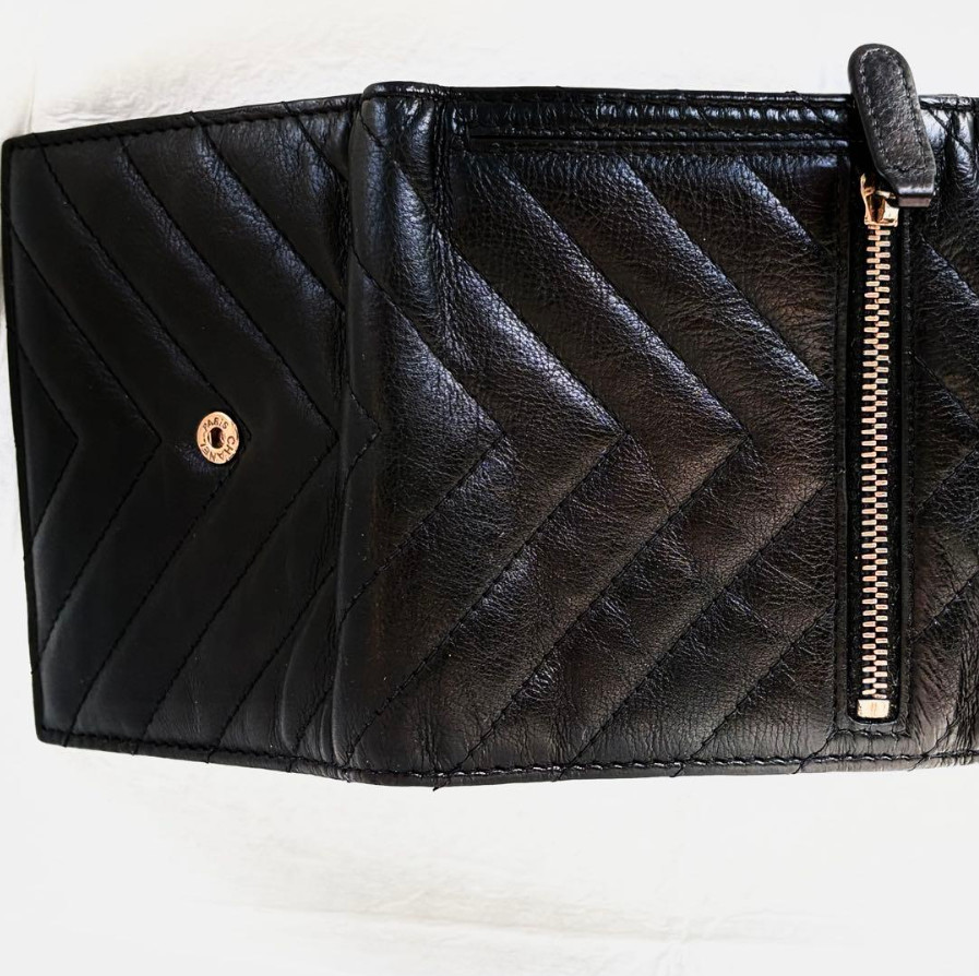 Authentic Chanel tri-fold wallet, matelasse, coco mark, double face, black