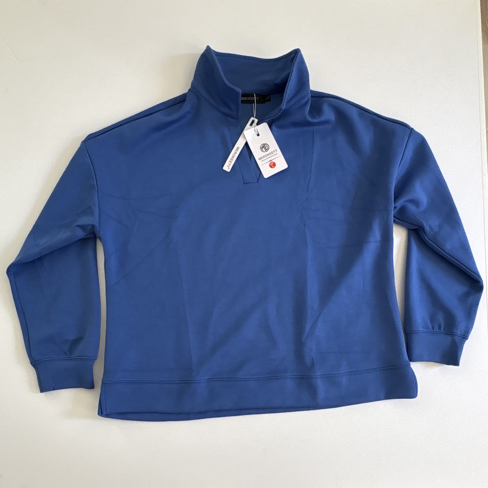 MEROKEETY NWT Blue Mock Neck Pullover Sweatshirt Long Sleeve Womens L Comfy