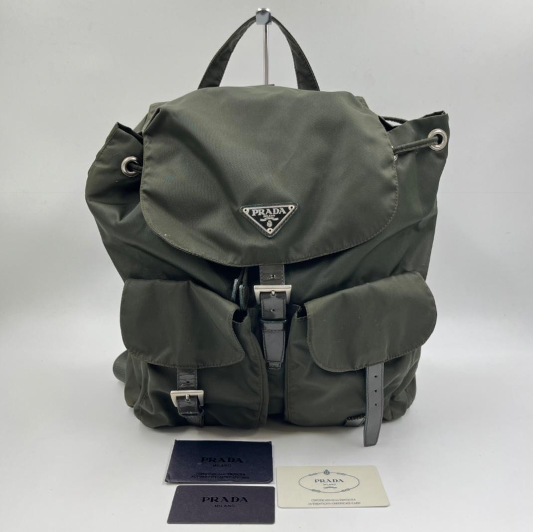 Prada Khaki Nylon Backpack Triangle Logo White Tag Japan Rare 072271