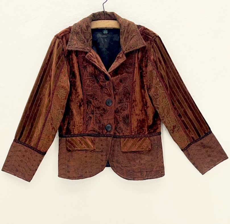 VTG FLASHBACK Brown Shabby Chic JACKET Crushed Velvet Peplum Boho Dark Goth Sz S