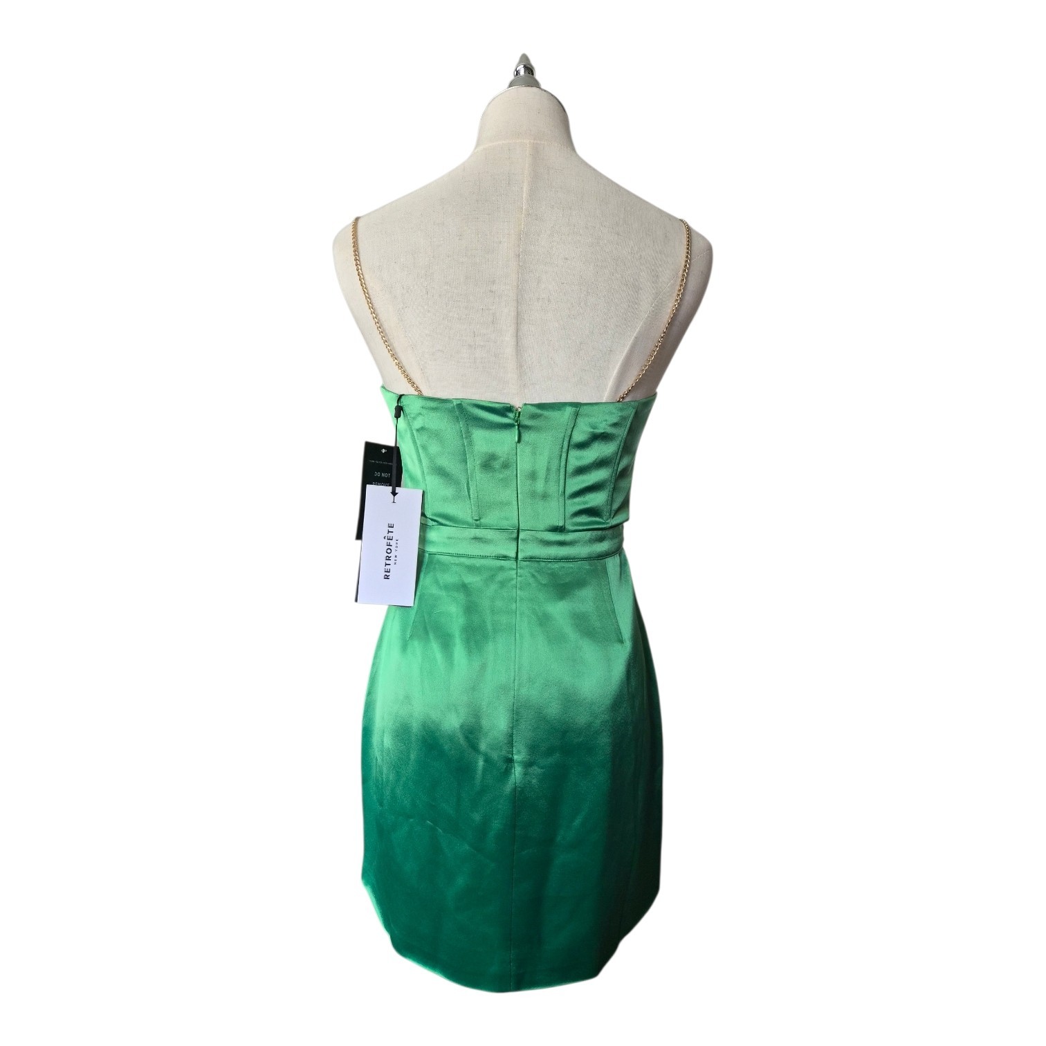Retrofete Easton Chain Strap Mini Dress Green Satin Size Small NEW Flawed