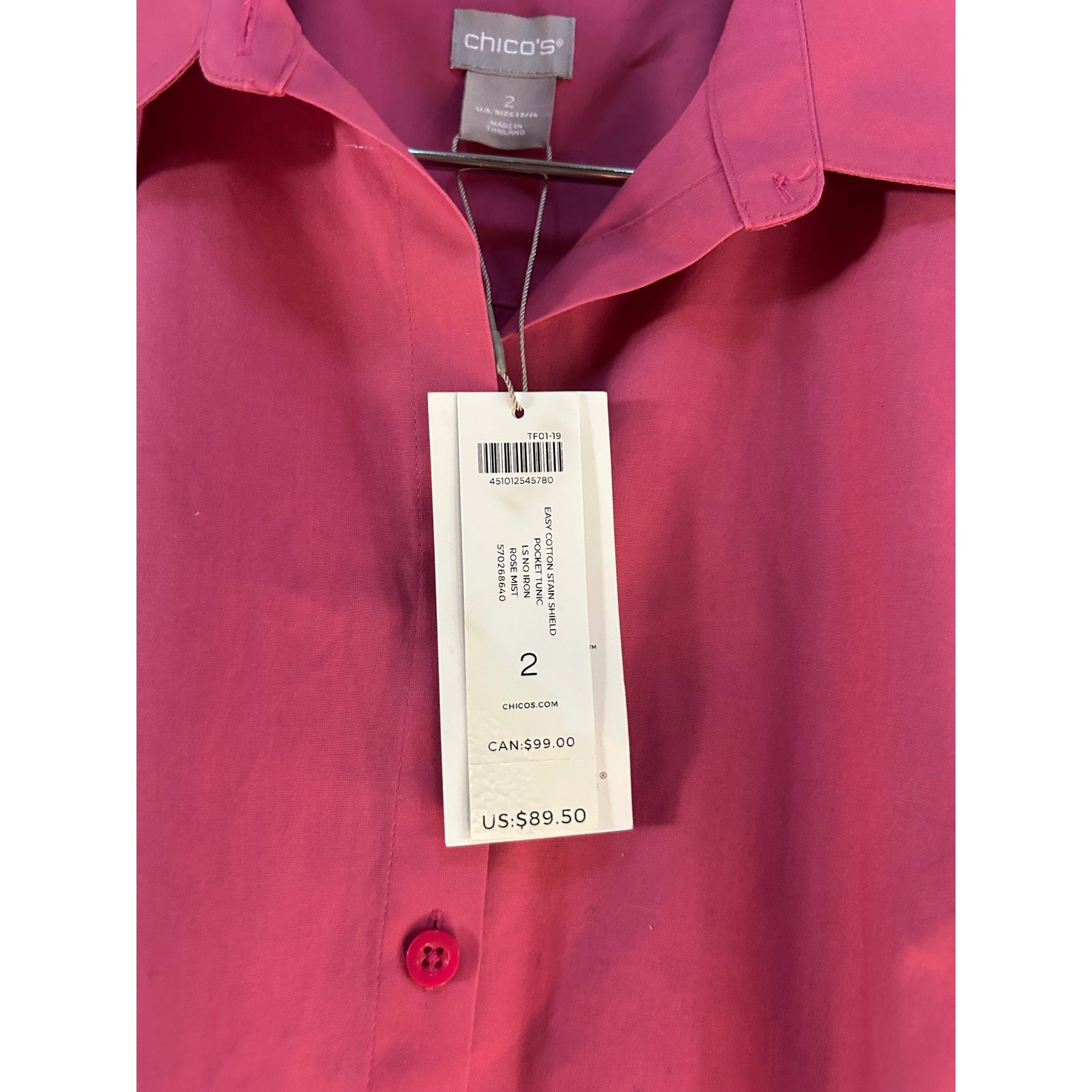 Chicos Rose Mist No-Iron Stain Shield Cotton Tunic Shirt Pink Size 2 Large 12/14