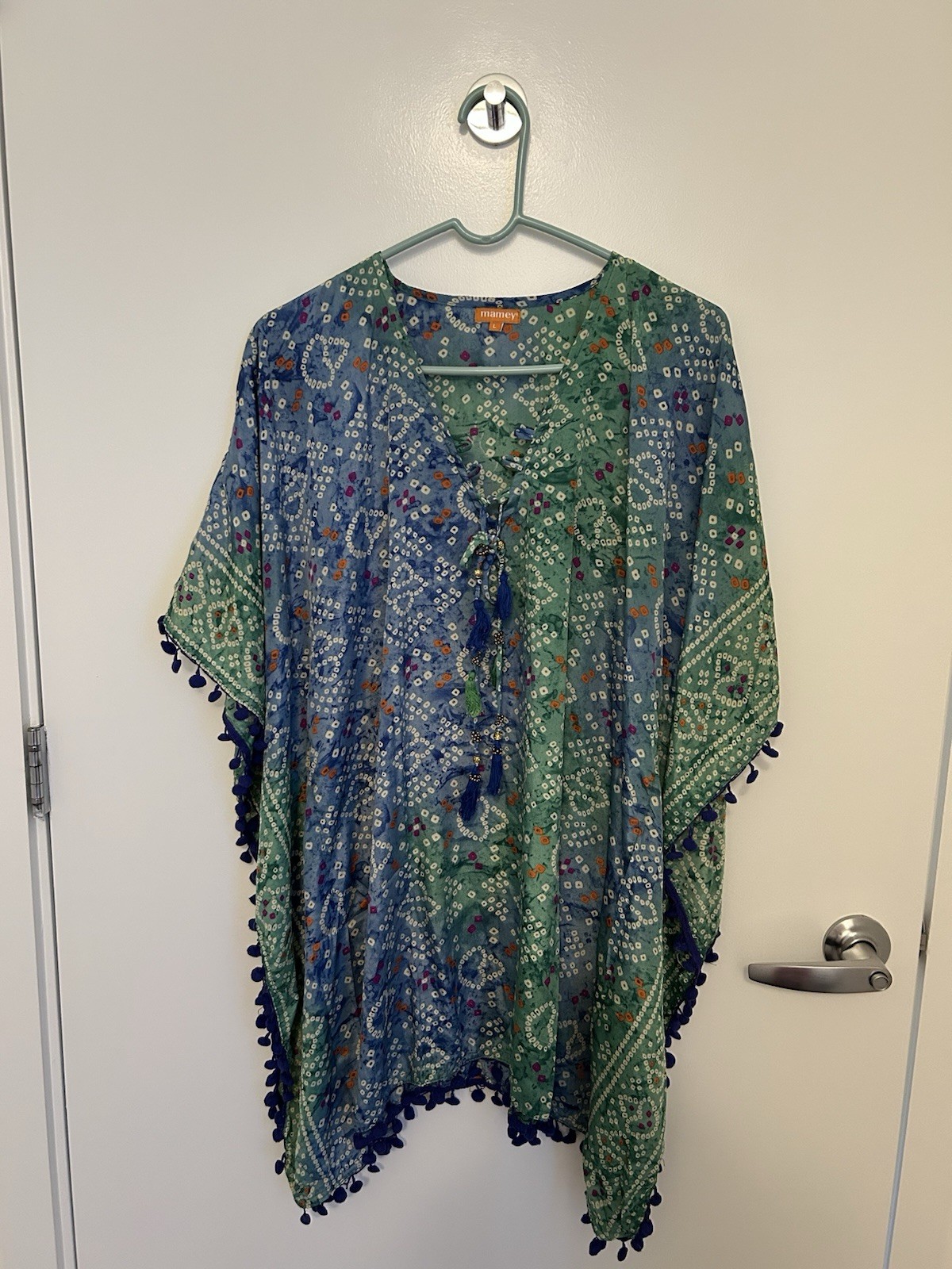 Swim Cover Up Blue And Green Printed With Tassels Pompom Design Size L
