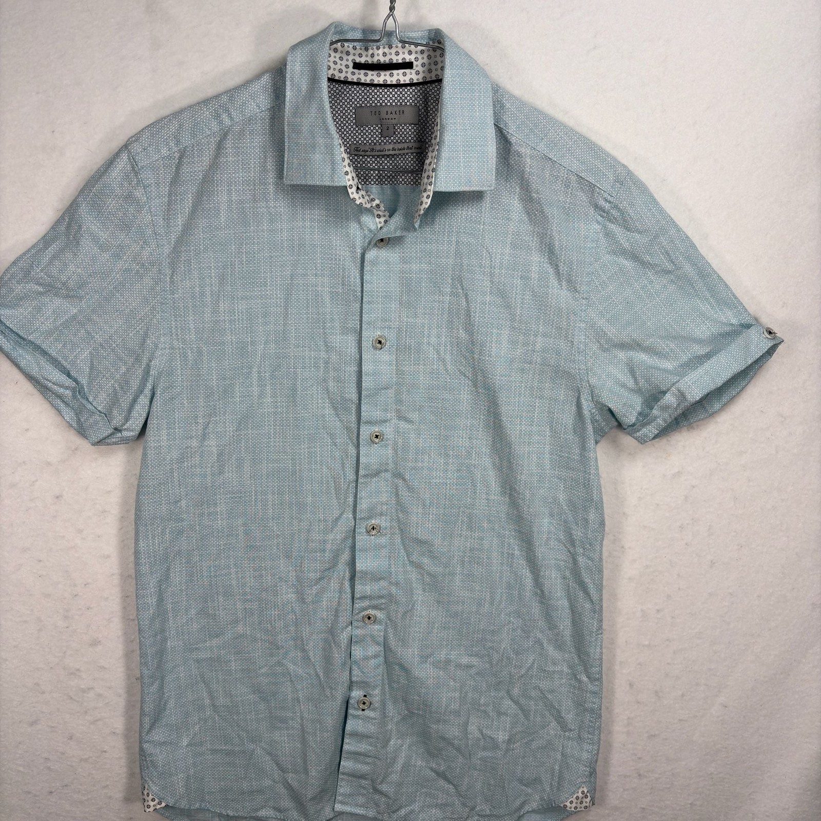 Ted Baker London Shirt Mens 2 Small Light Blue Short Sleeve Geo Trim Button Up