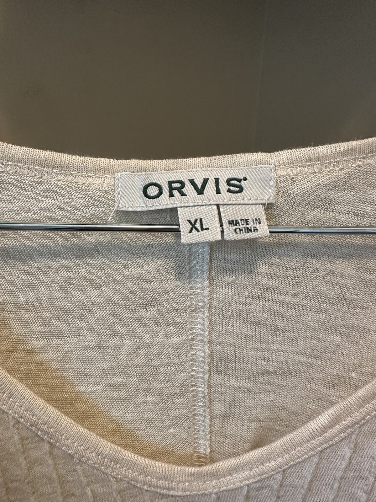Orvis Womens Minimalist Beige Linen Pintuck Short Sleeve Top XL Granola Coastal