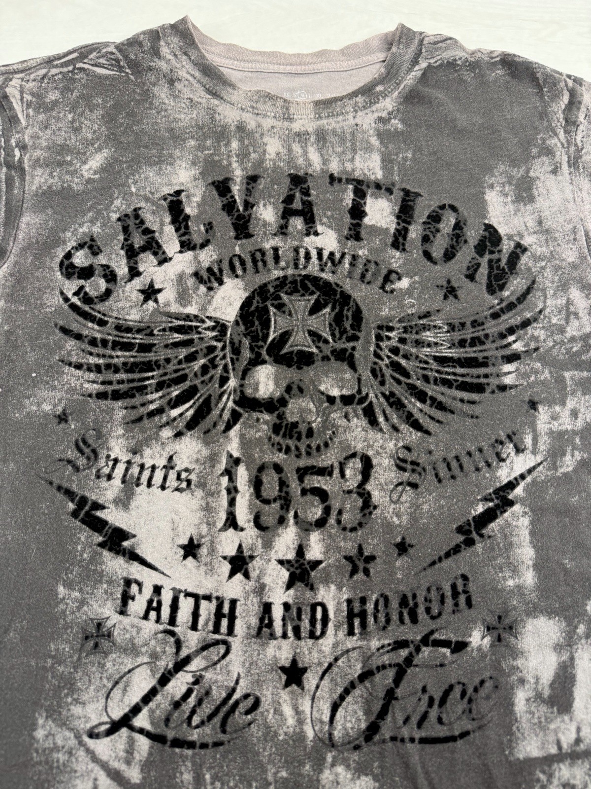 Archaic By Affliction Shirt Biker Tattoo Skull Wings Raised Felt Print Y2K Men M