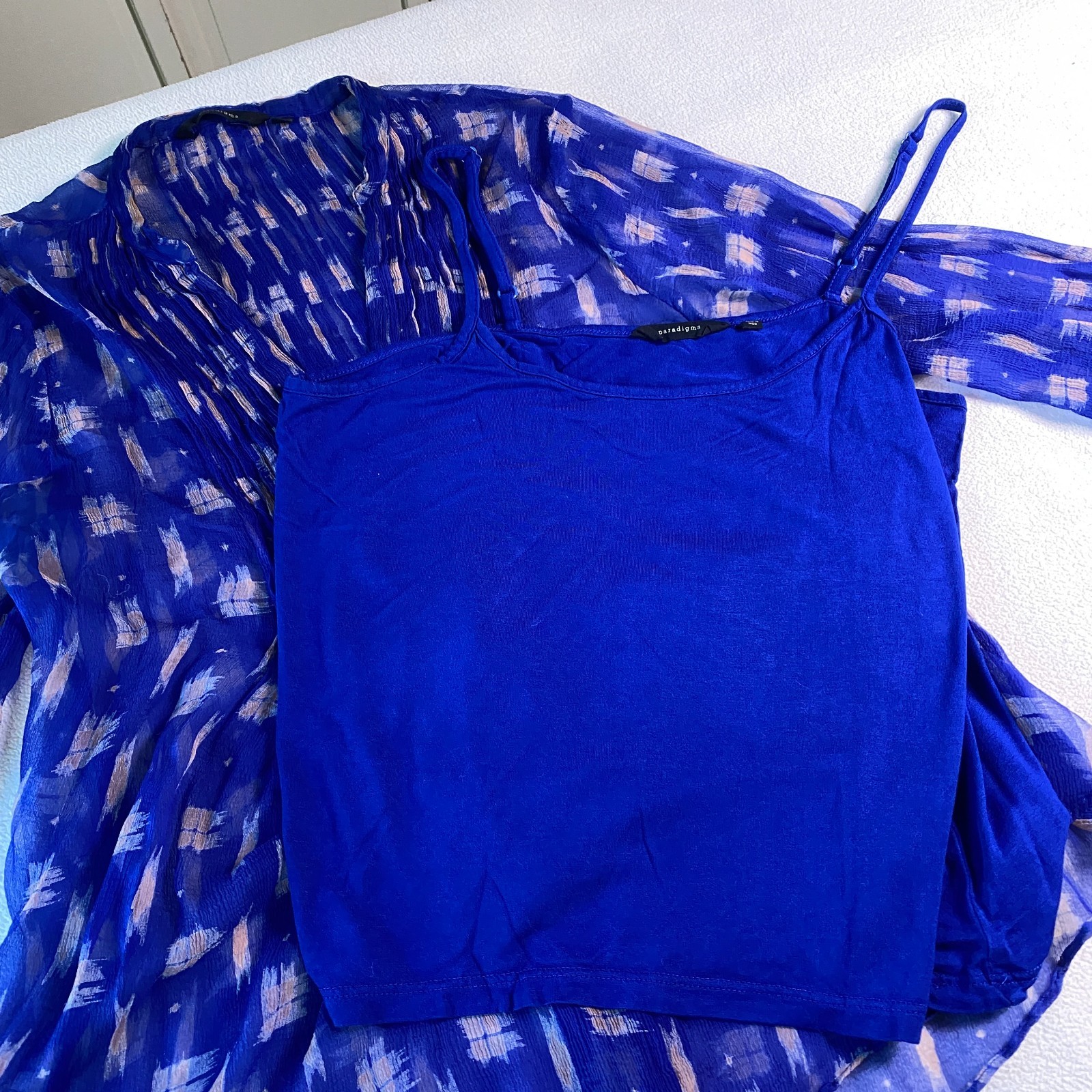 Paradigma Sheer Blue Blouse Small Silk Look Ikat Print Tunic Top w/ Cami