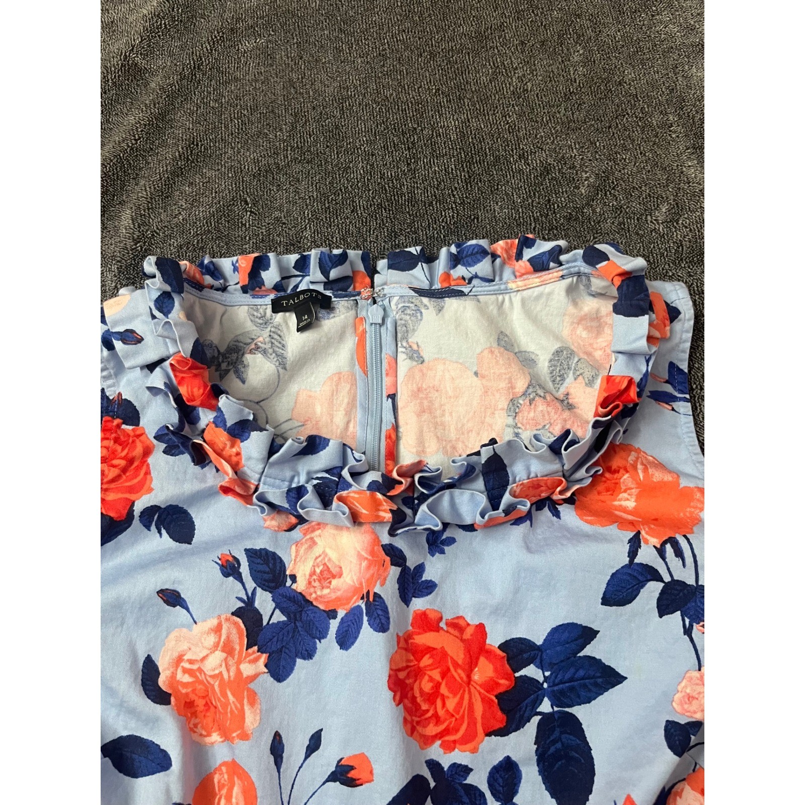 Feminine Talbots Blue Floral Rose Ruffle Neck Sleeveless Shift Dress Preppy