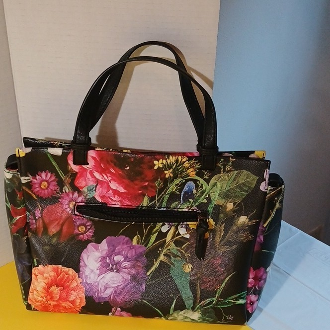 Elliott Lucca Multicolor Floral Satchel Zip Inner Pockets Detachable Strap Gold