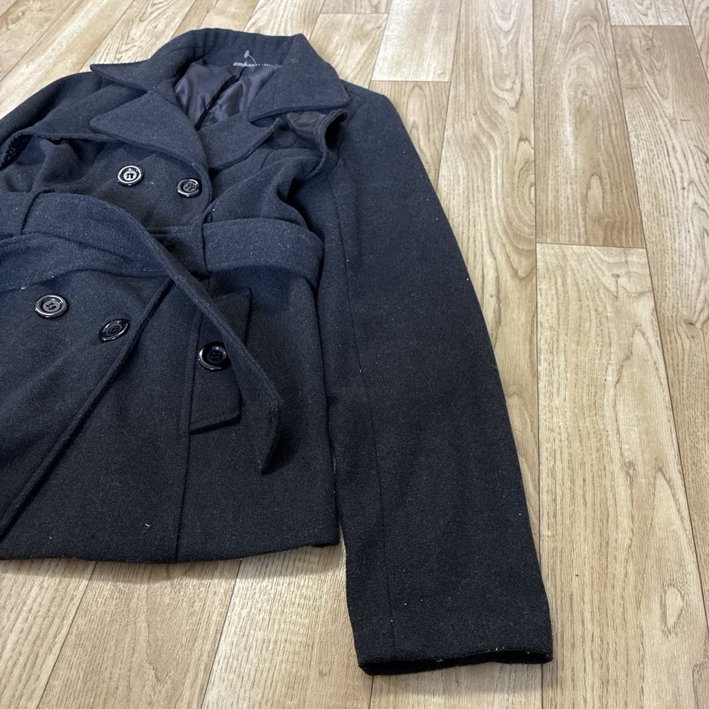 Ambiance Apparel Juniors S Black Pea Coat Belted Lined Short Button Closure