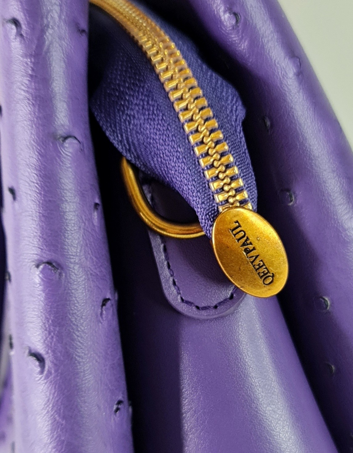 Purple Ostrich Embossed Cow Leather Satchel Top Handle Crossbody Bag Gold Zip