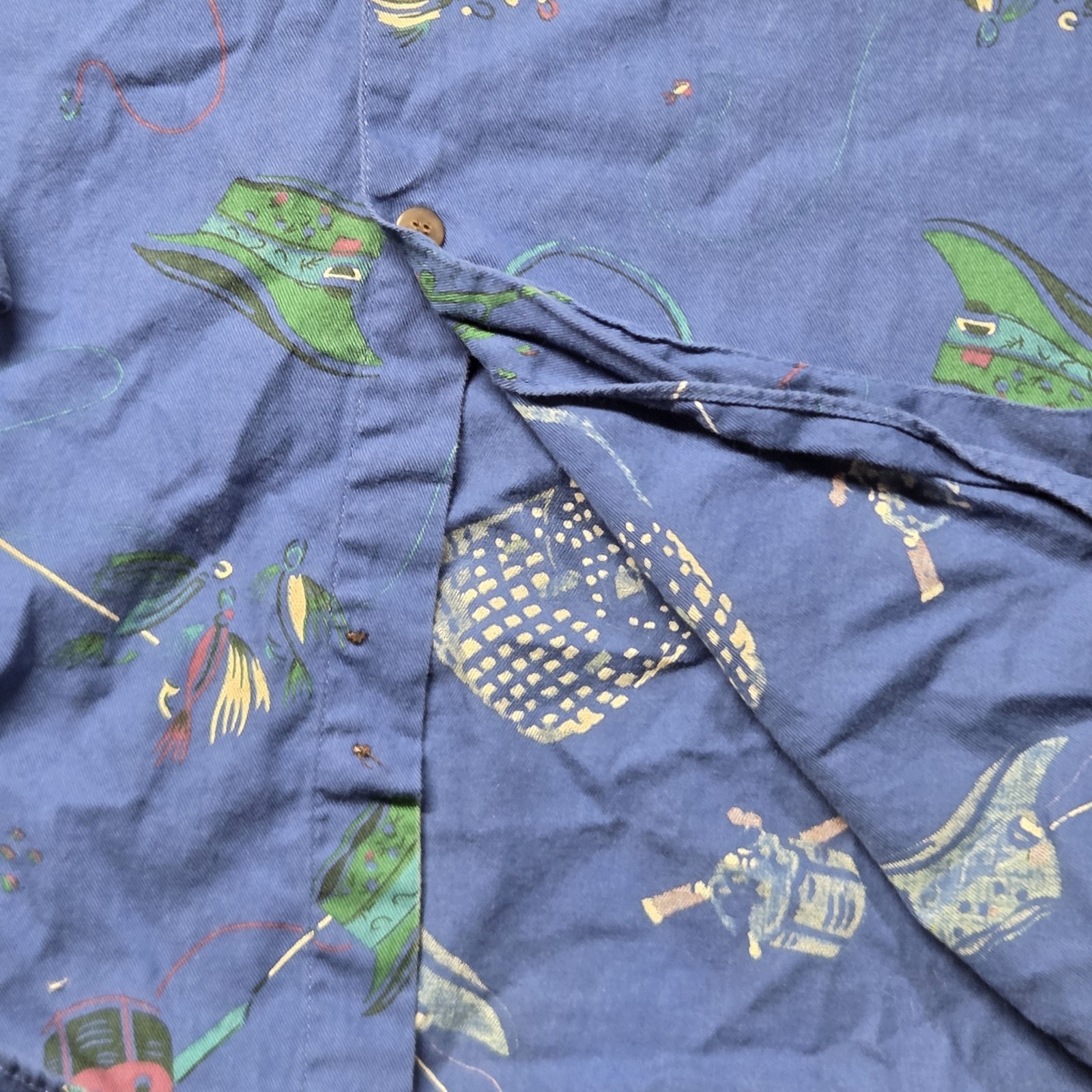 Vintage GAP Fishing Fisherman Print Button Down Mens Shirt Rod Reel Tackle Sz XL