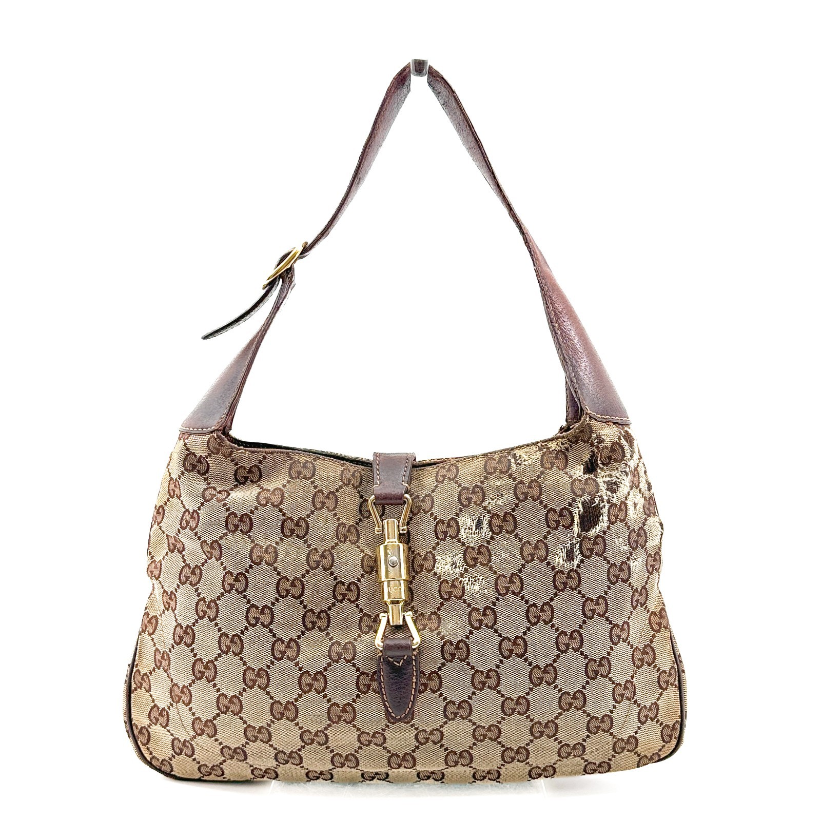GUCCI Jackie GG Canvas Shoulder Hand Bag Black Leather 137335 Purse Authentic