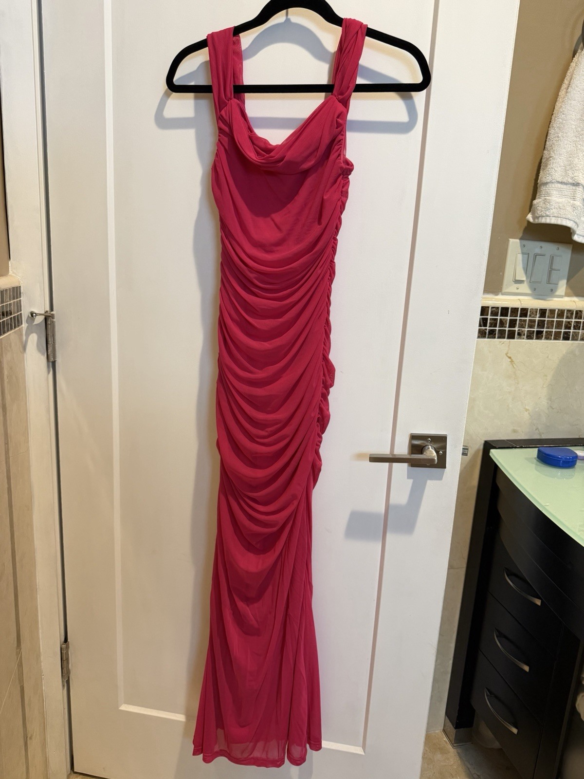 Amazon Pink Ruched Cowl Neck Sleeveless Bodycon Maxi Dress – S